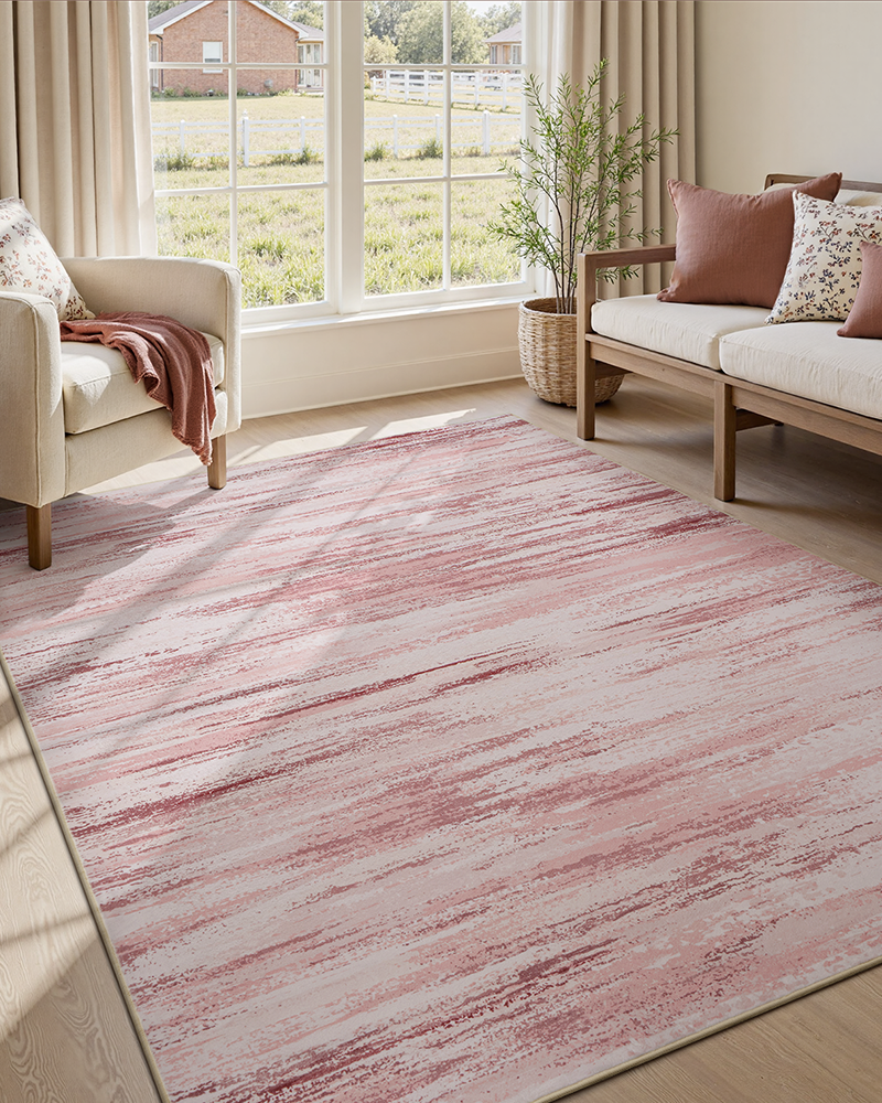 Pink abstract washable rug for living room, artistic and durable.