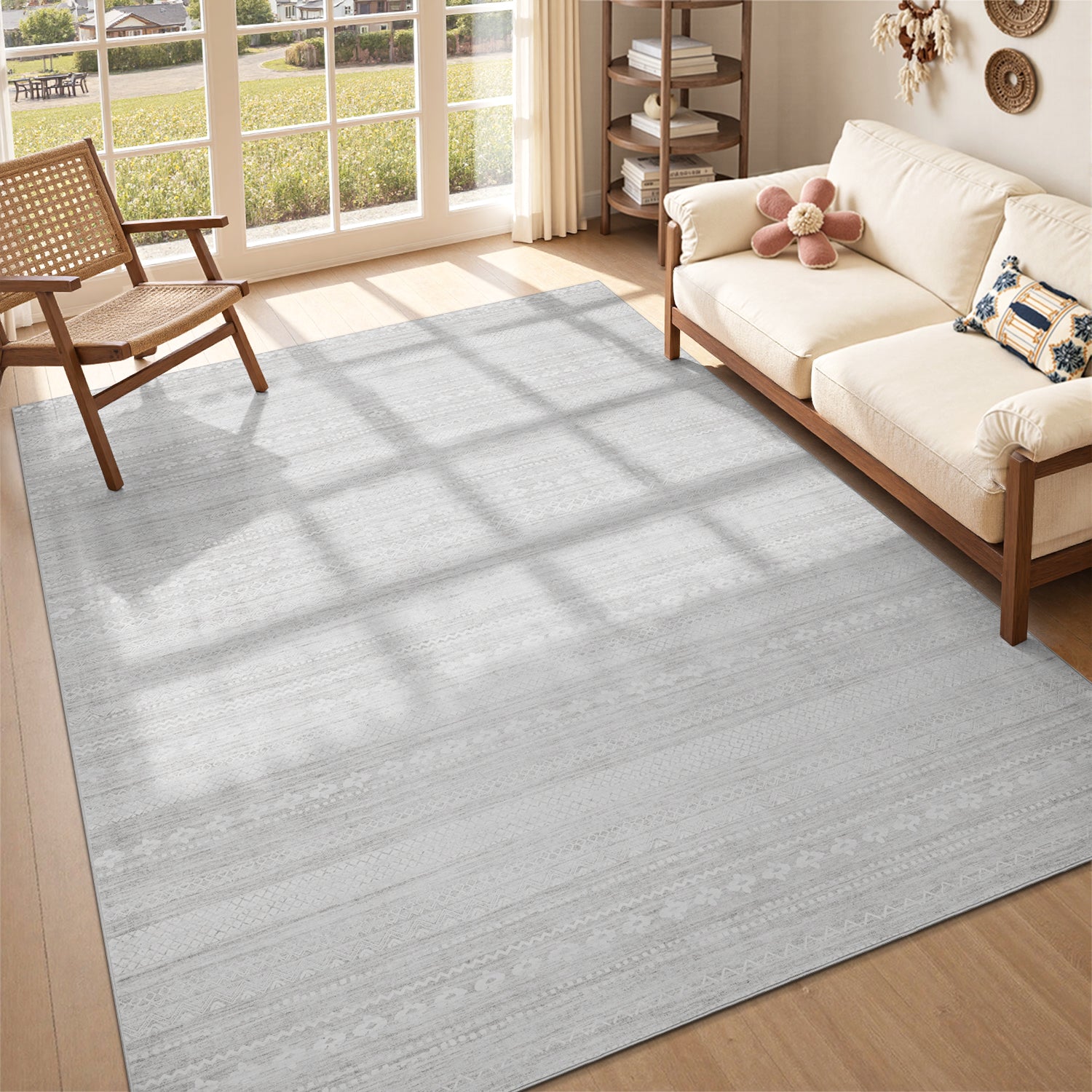 Boho Moroccan Area Rug Soft Neutral Geometric Bohemian Carpet