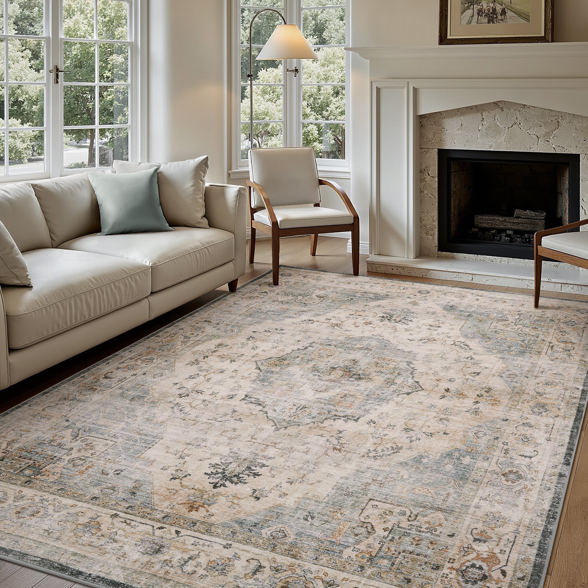 MontVoo Classic Floral Lake Blue Washable Rug