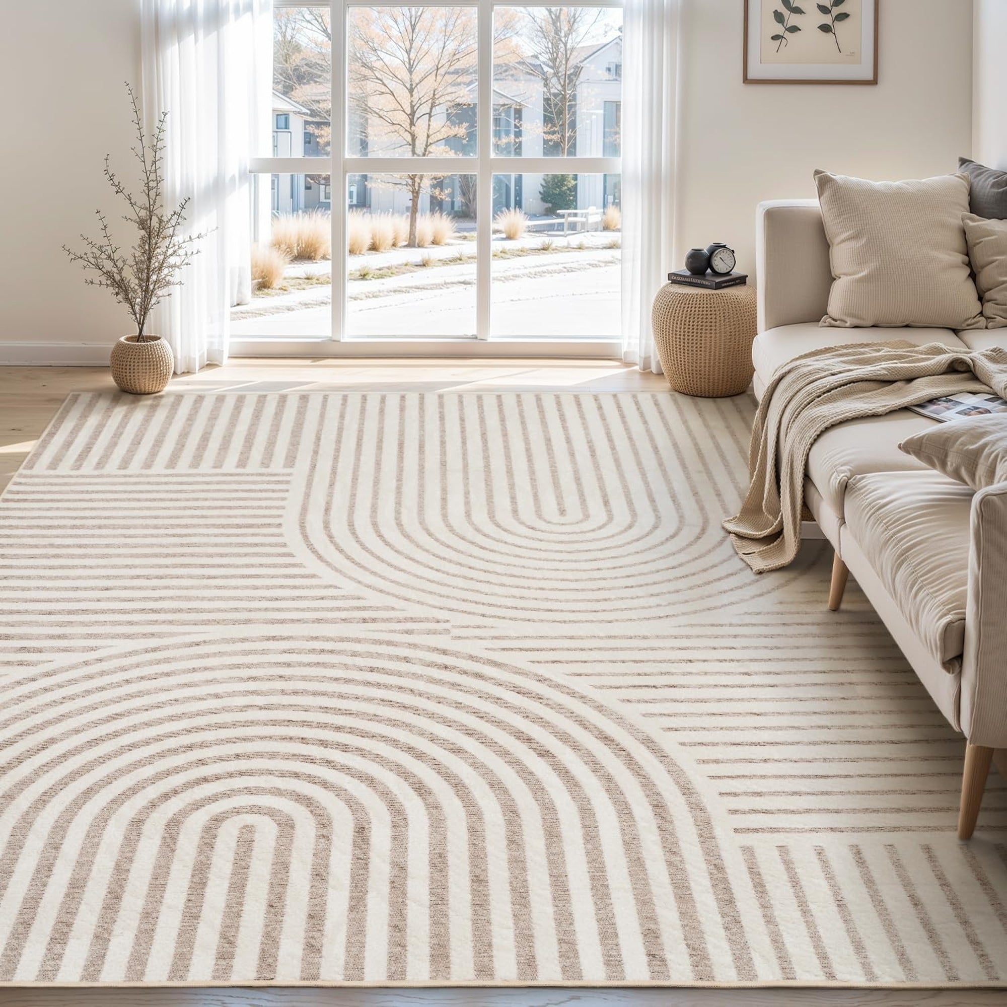 MontVoo Modern Geometric High-Low Beige Washable Area Rug