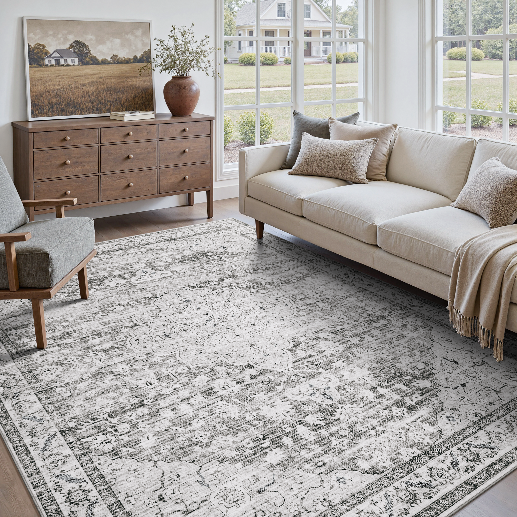 Alfombra lavable MontVoo Medallion Floral Gris