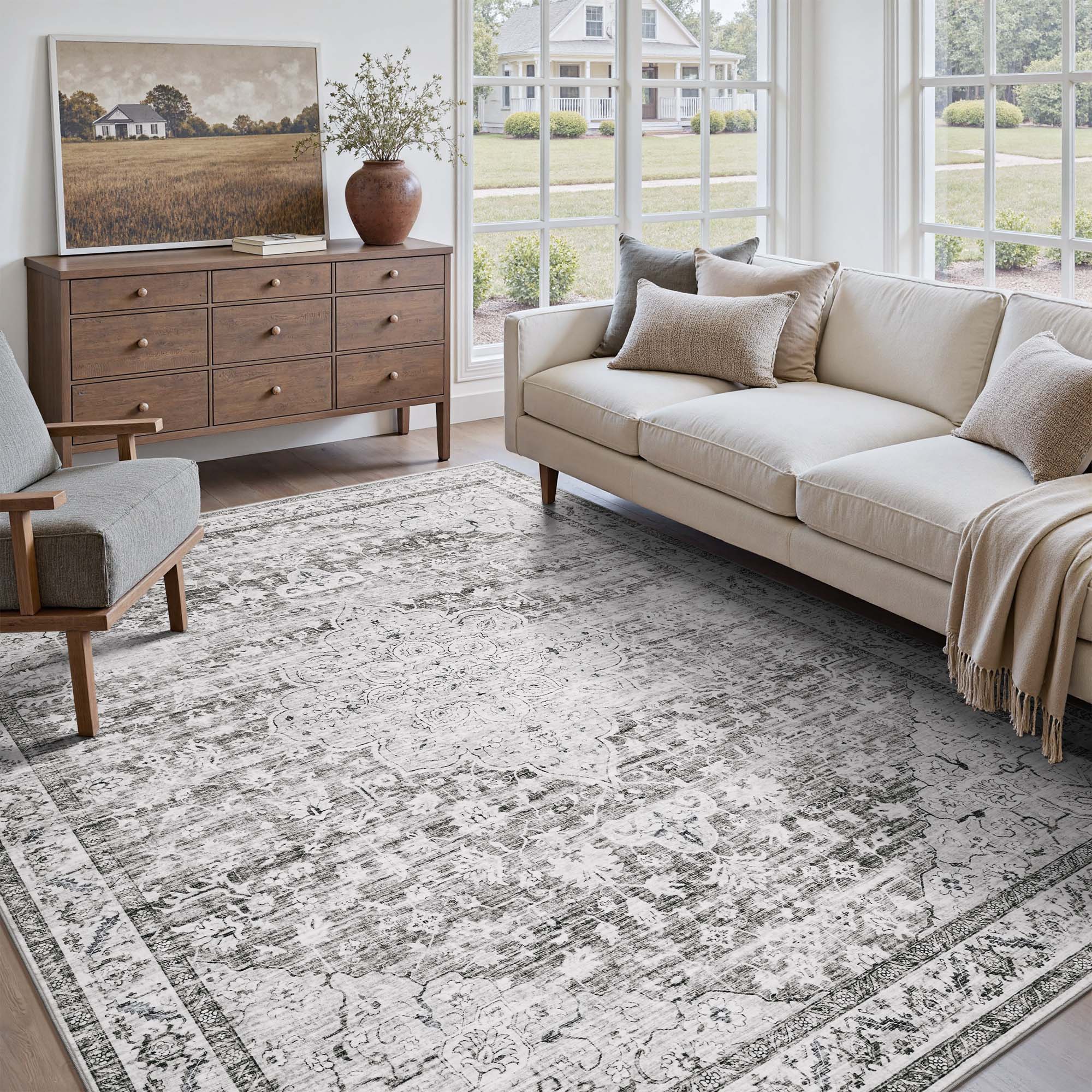 MontVoo Gray Medallion Floral Washable Rug