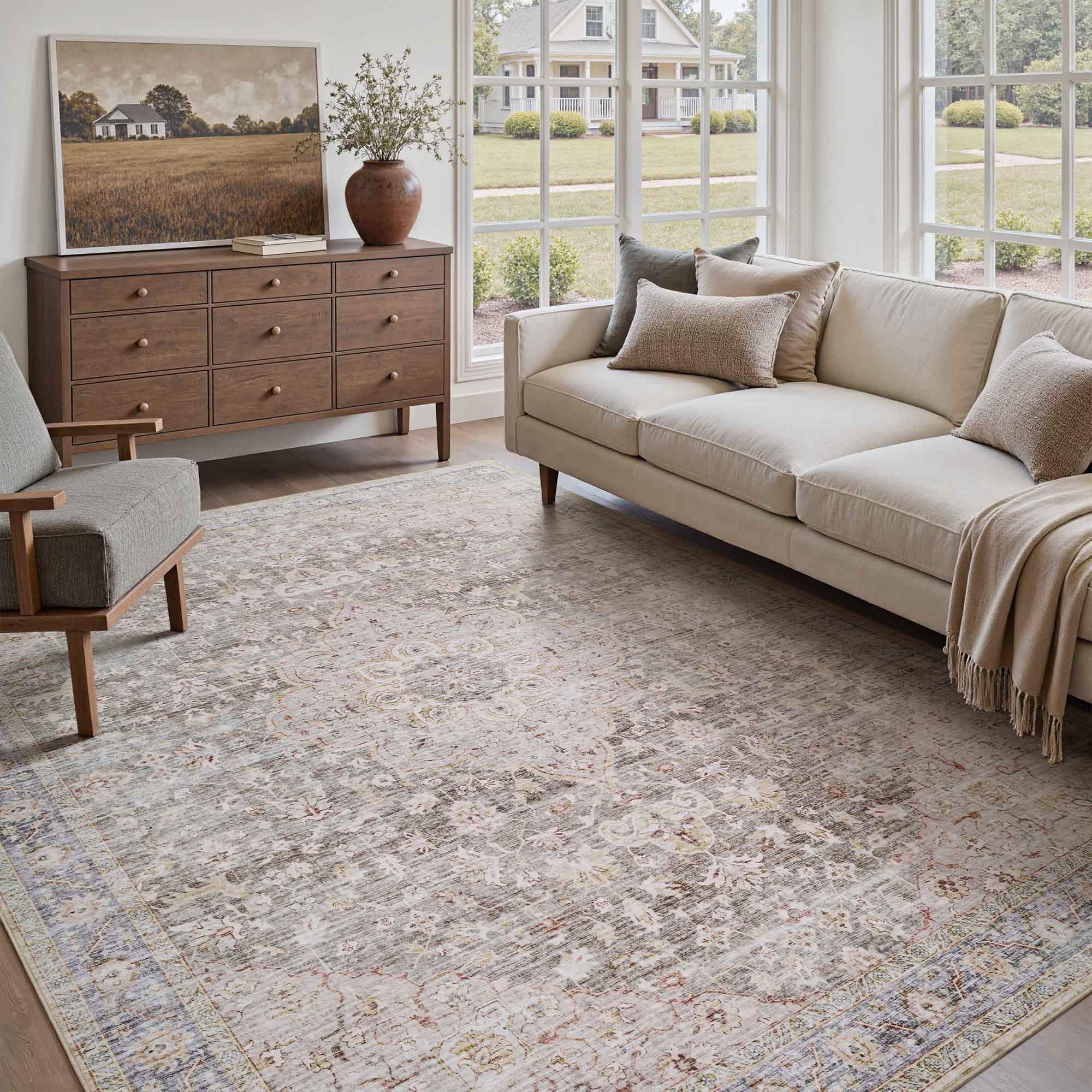 MontVoo Taupe Medallion Floral Washable Rug