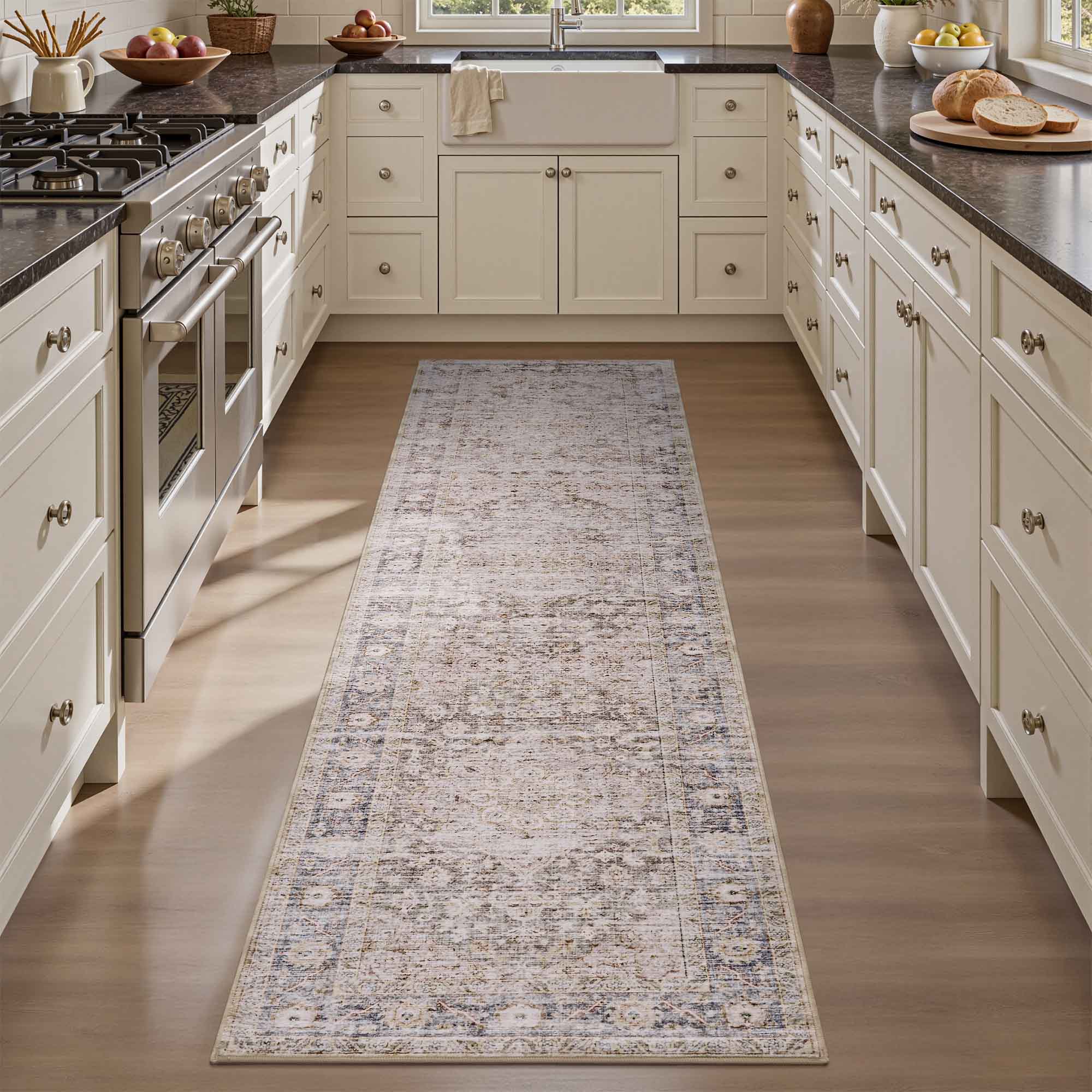 MontVoo Taupe Medallion Floral Washable Rug