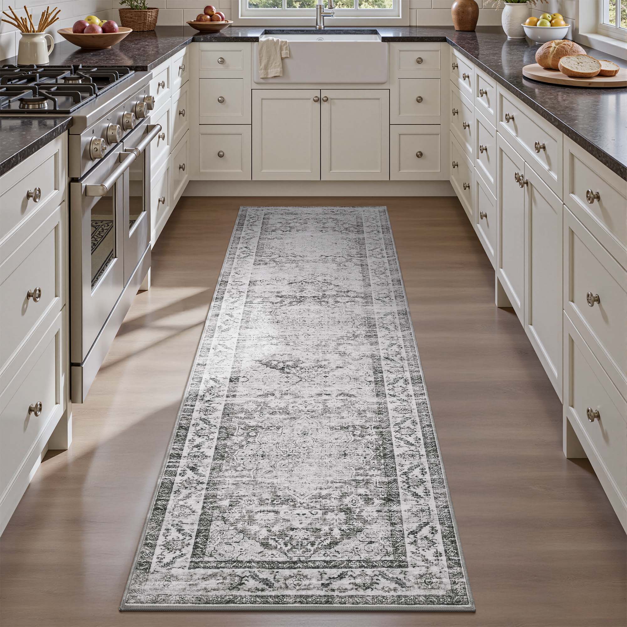 MontVoo Gray Medallion Floral Washable Rug