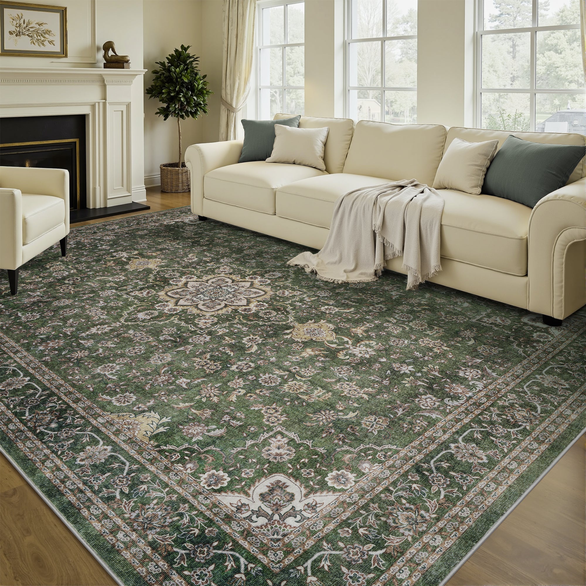Alfombra lavable con diseño floral verde bosque de MontVoo