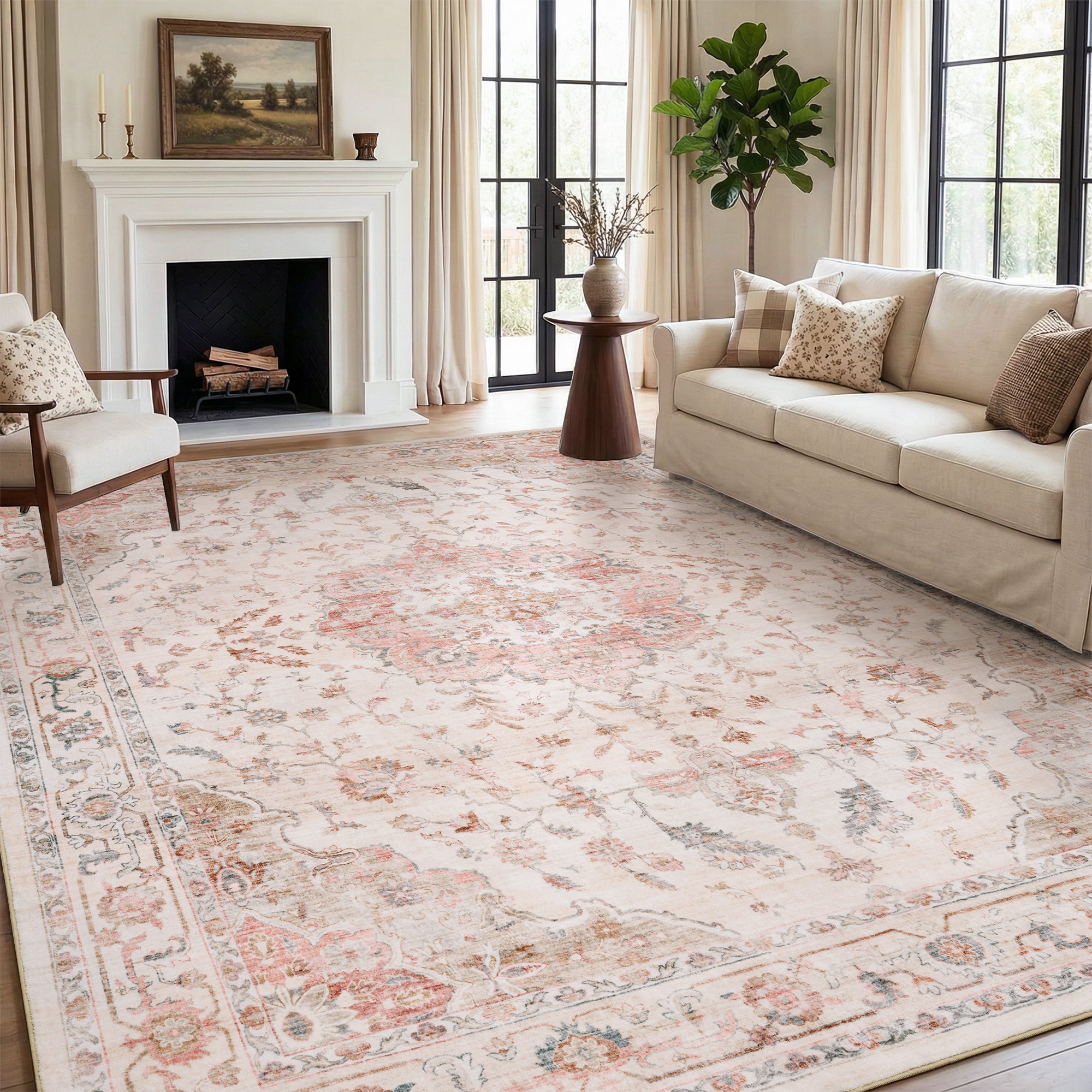 MontVoo Vintage Floral Medallion Washable Rug Pink