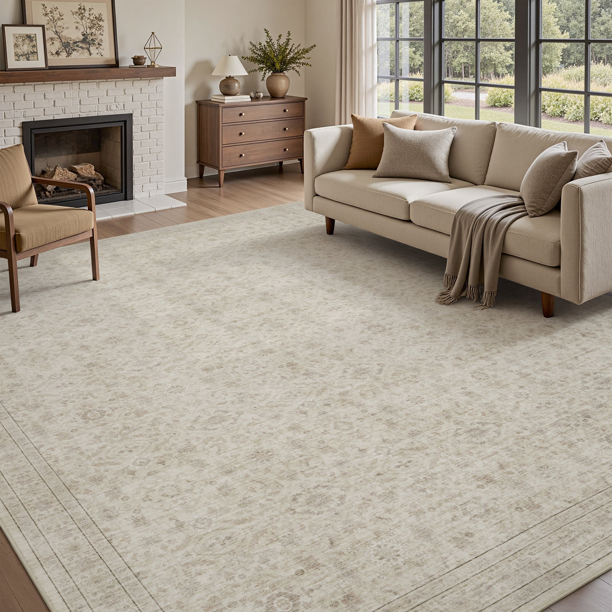 MontVoo Washable Non-Slip Vintage-Inspired Area Rug Beige