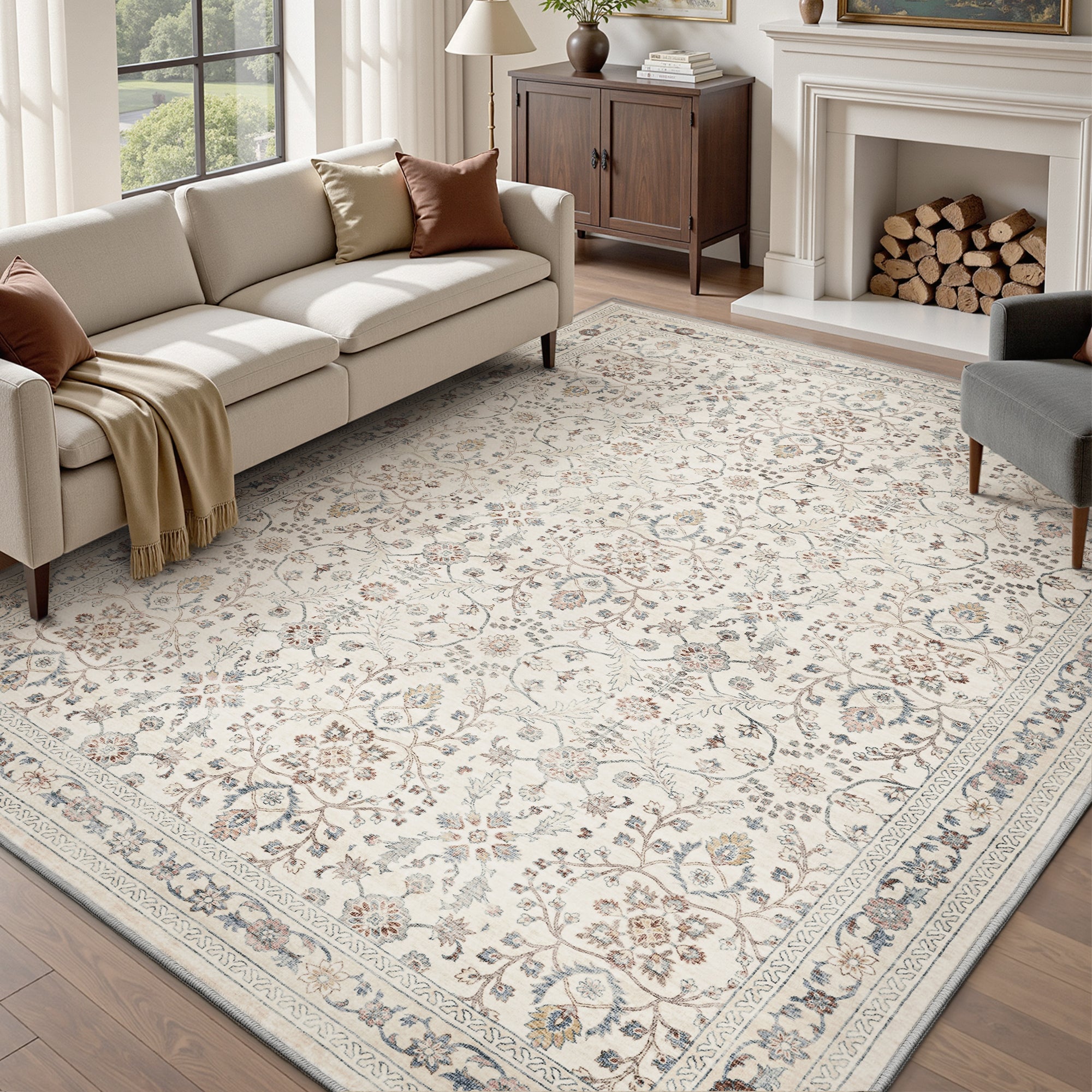MontVoo Vintage Floral Washable Rugs Beige