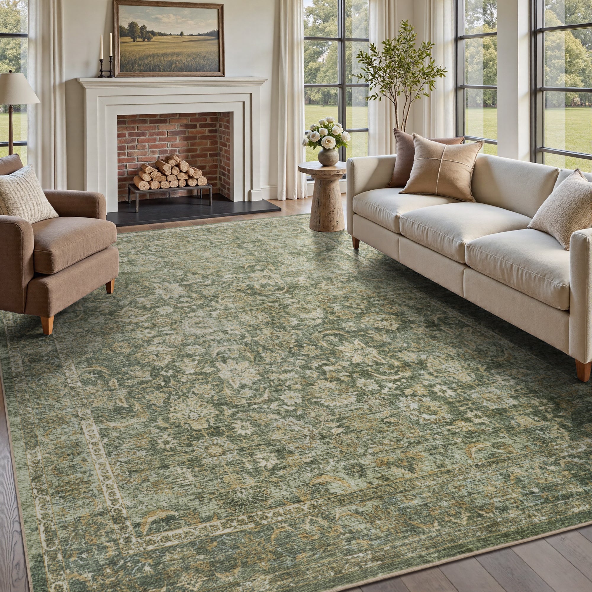 MontVoo Vintage Floral Non-slip Washable Rug Green