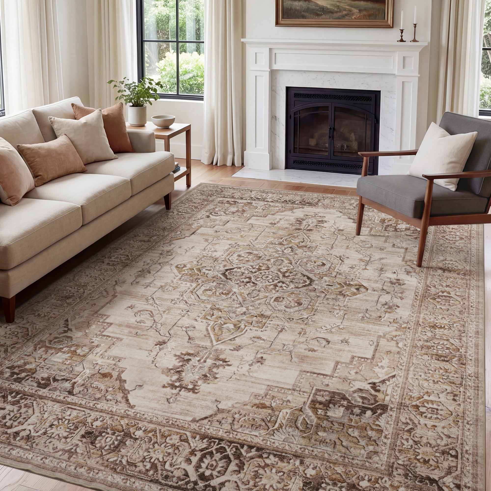 MontVoo Vintage Medallion Non-Slip Washable Rug Brown