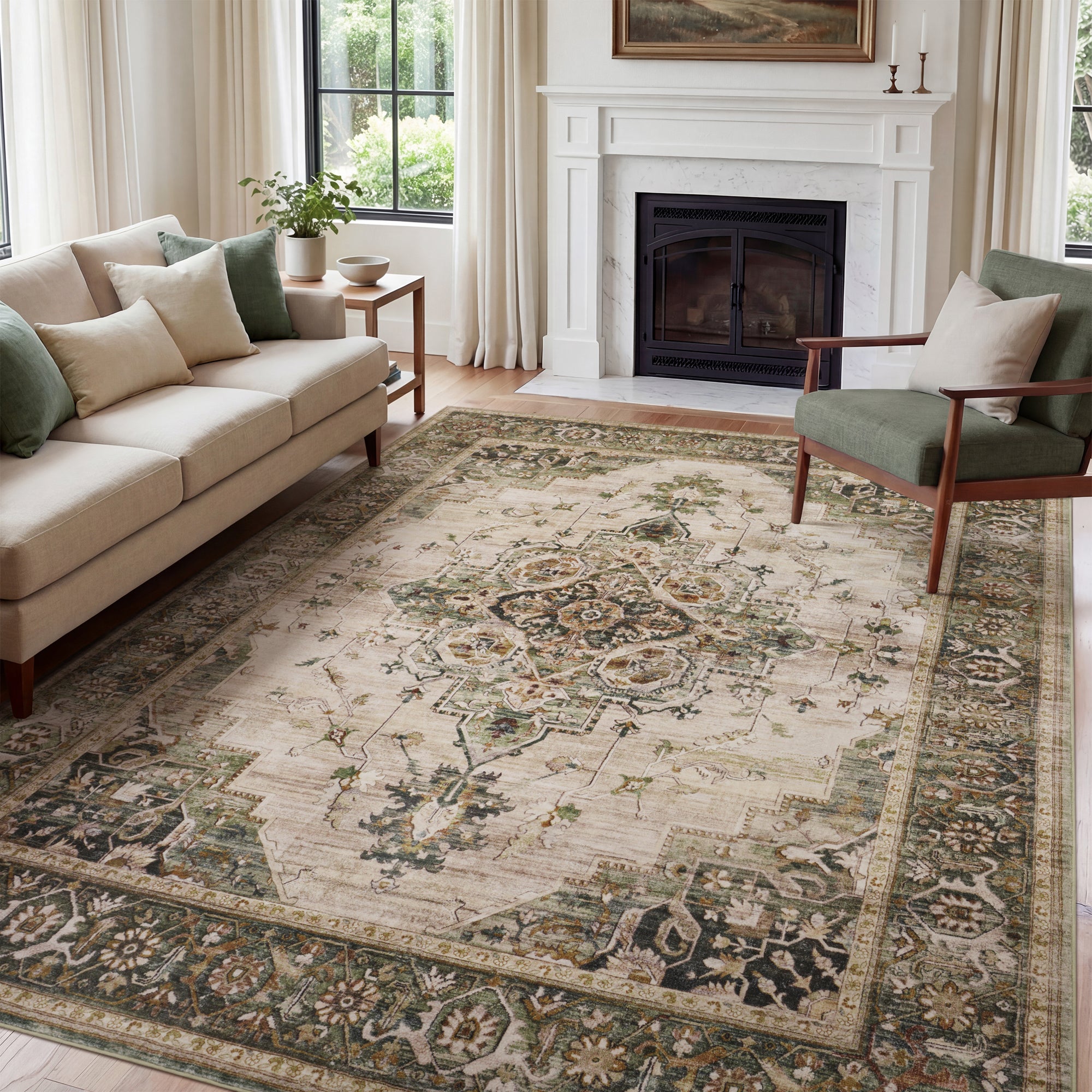 MontVoo Vintage Medallion Non-Slip Washable Rug Green