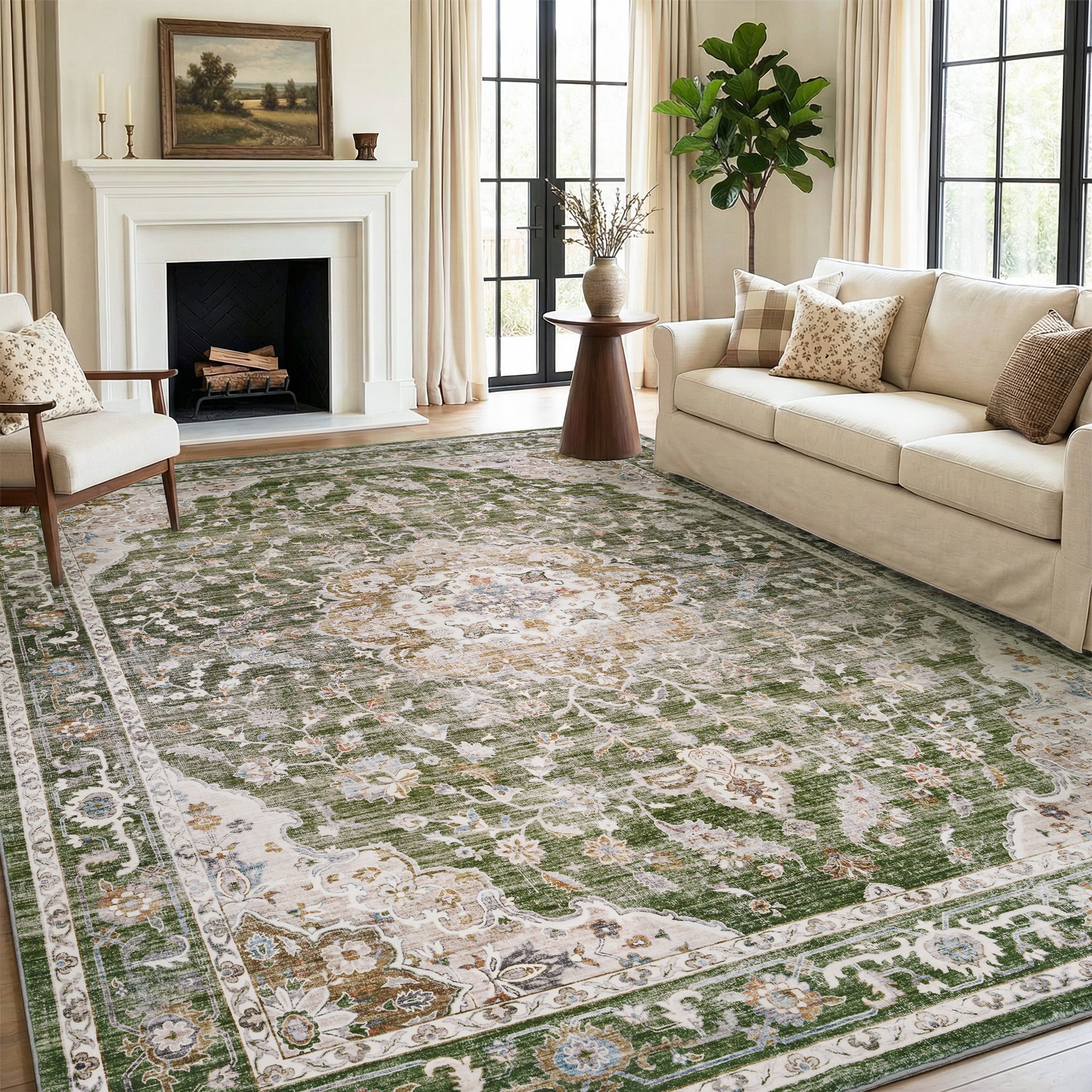 MontVoo Vintage Floral Medallion Washable Rug Green