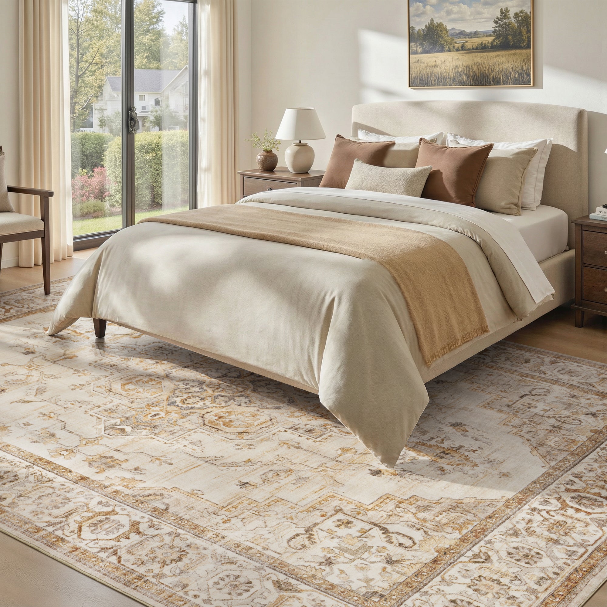 MontVoo Vintage Medallion Non-Slip Washable Rug Beige