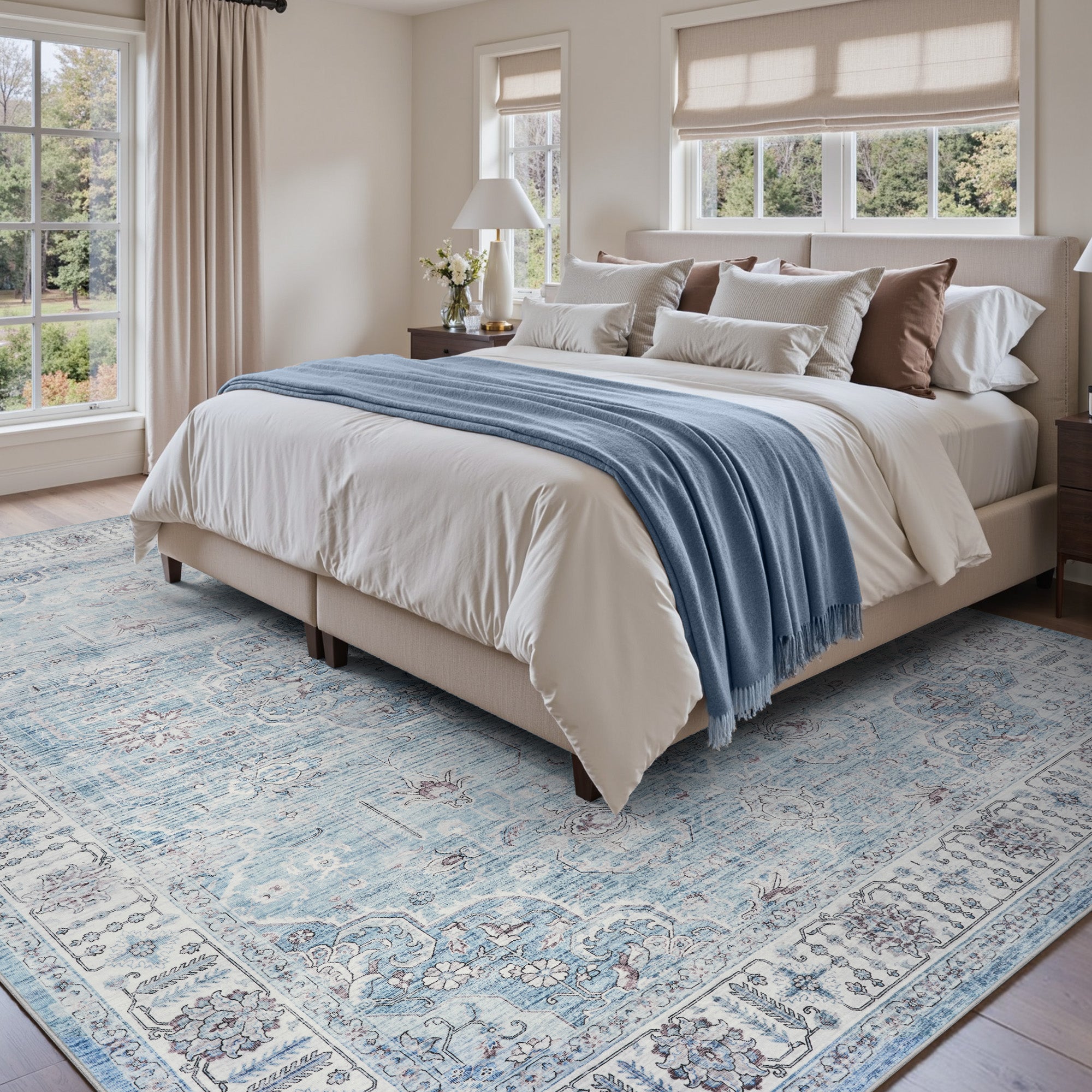 MontVoo Blue Vintage Distressed Medallion Floral Washable Rug