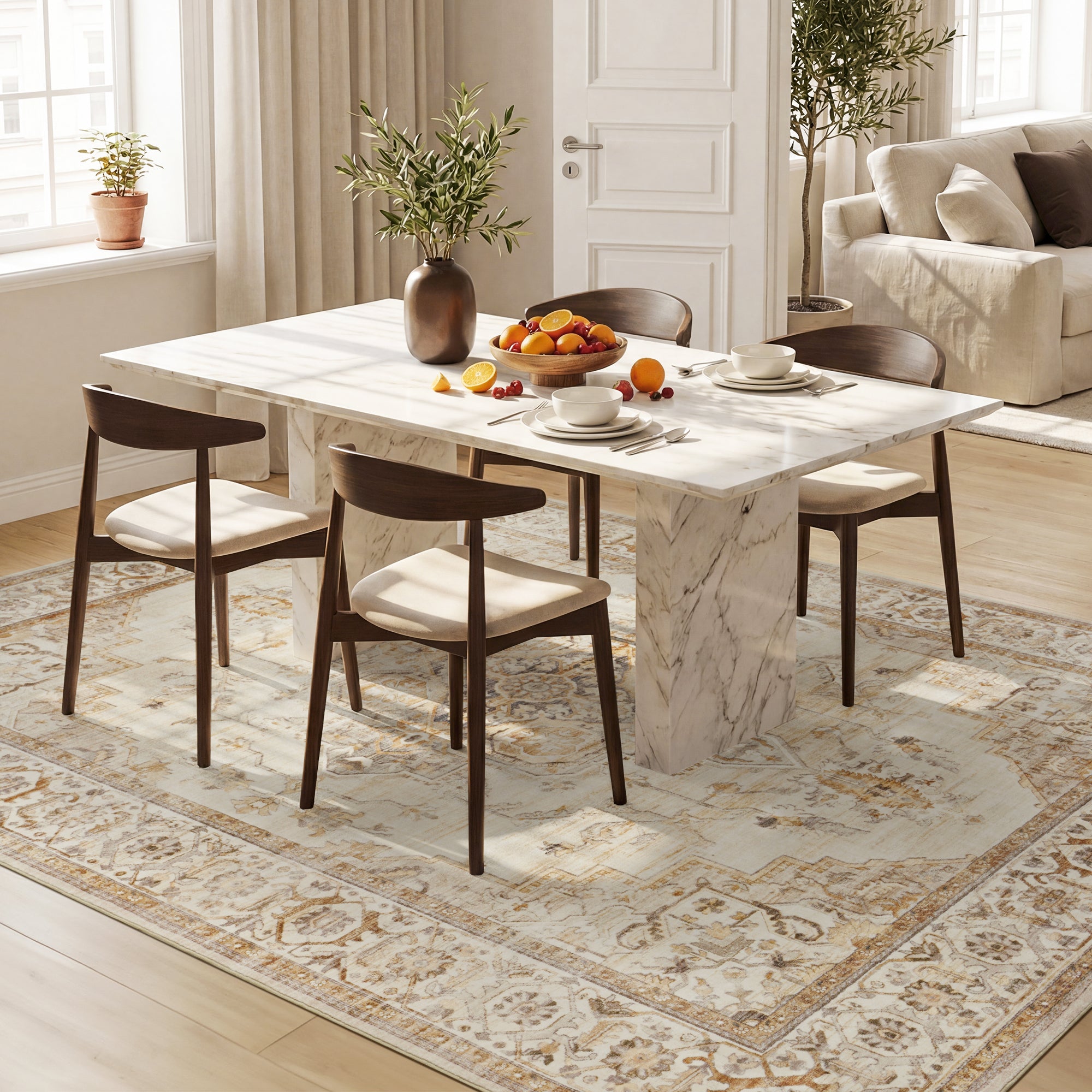 MontVoo Vintage Medallion Non-Slip Washable Rug Beige