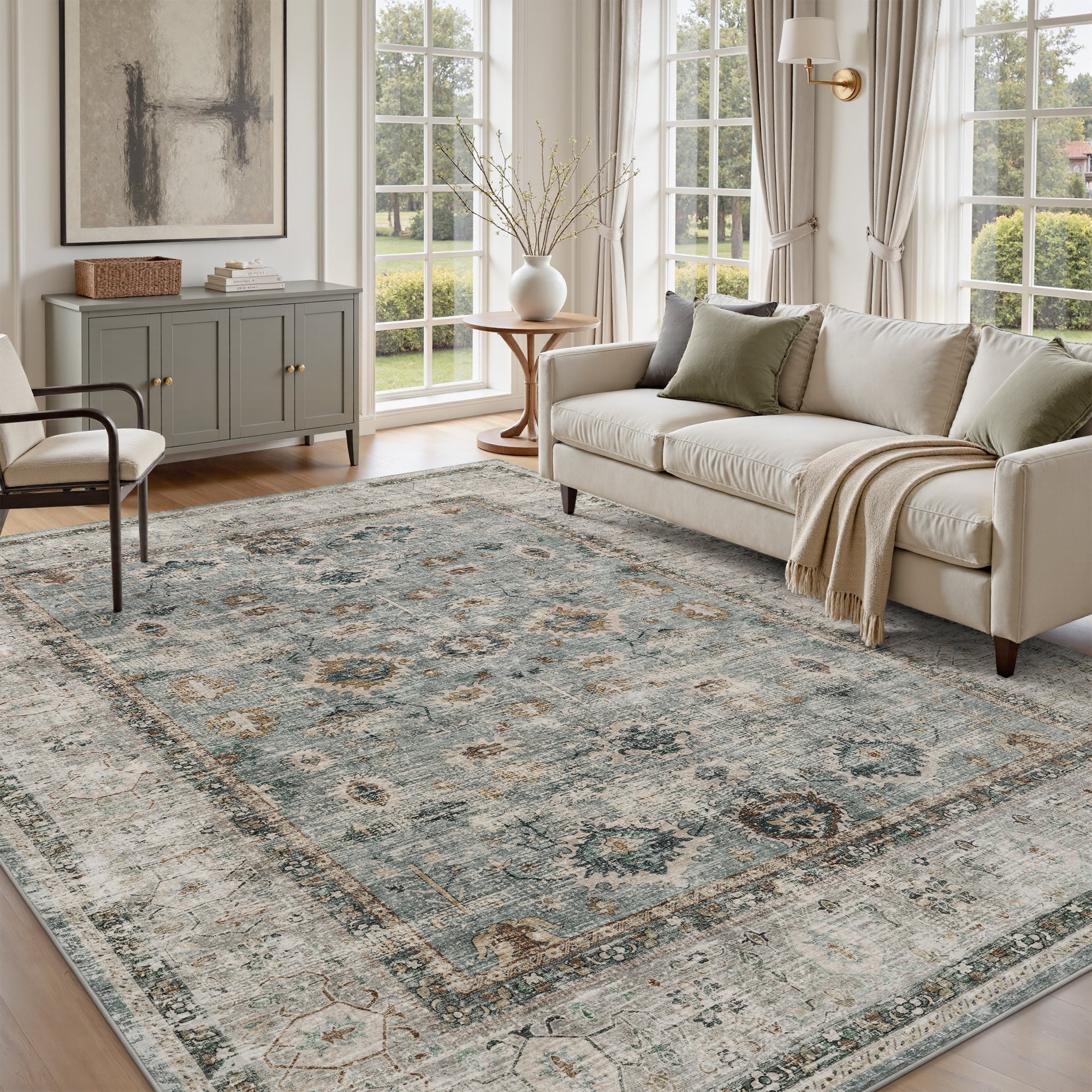 MontVoo Washable Vintage Distressed Oriental Area Rug Green