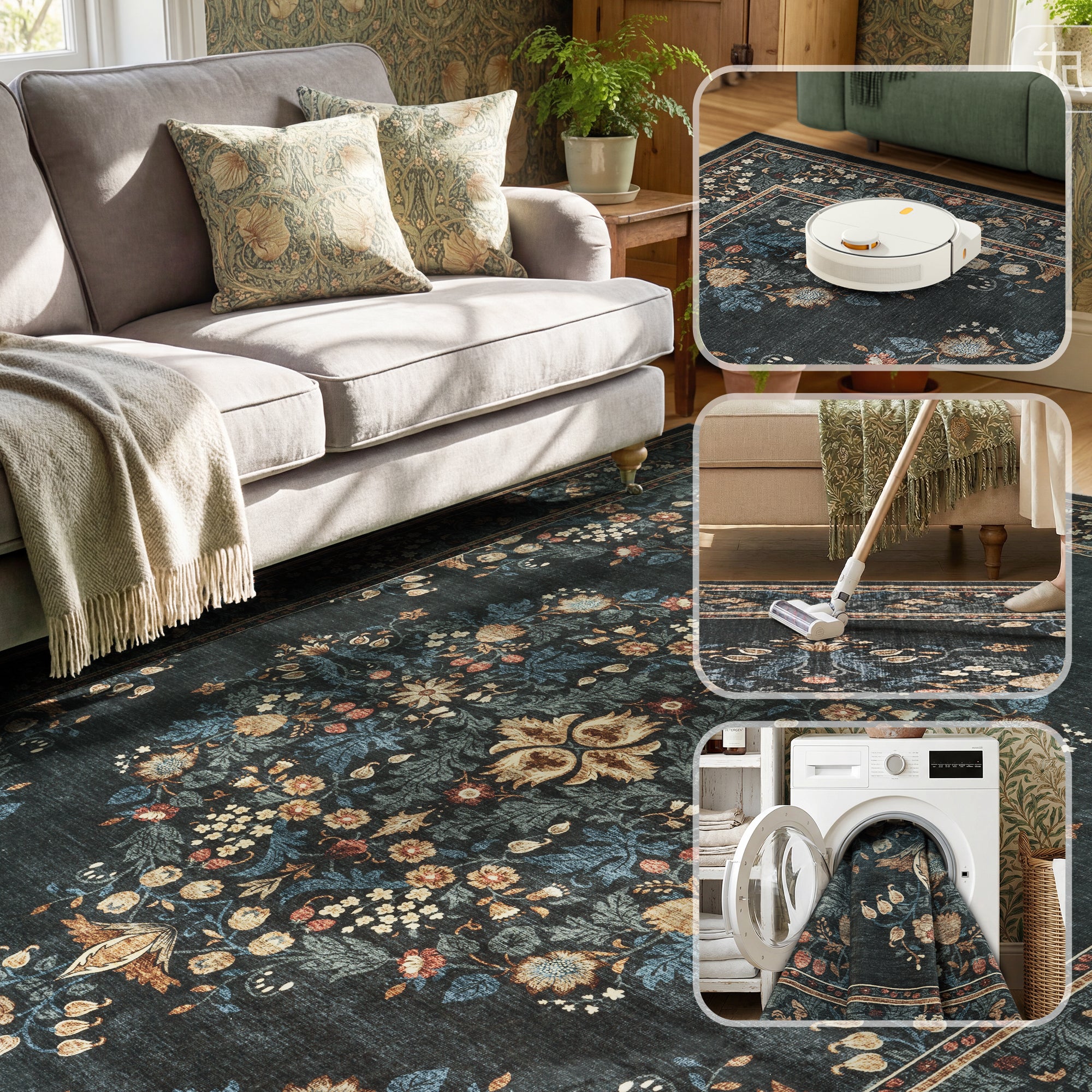 MontVoo Vintage Medallion Washable Rug Green