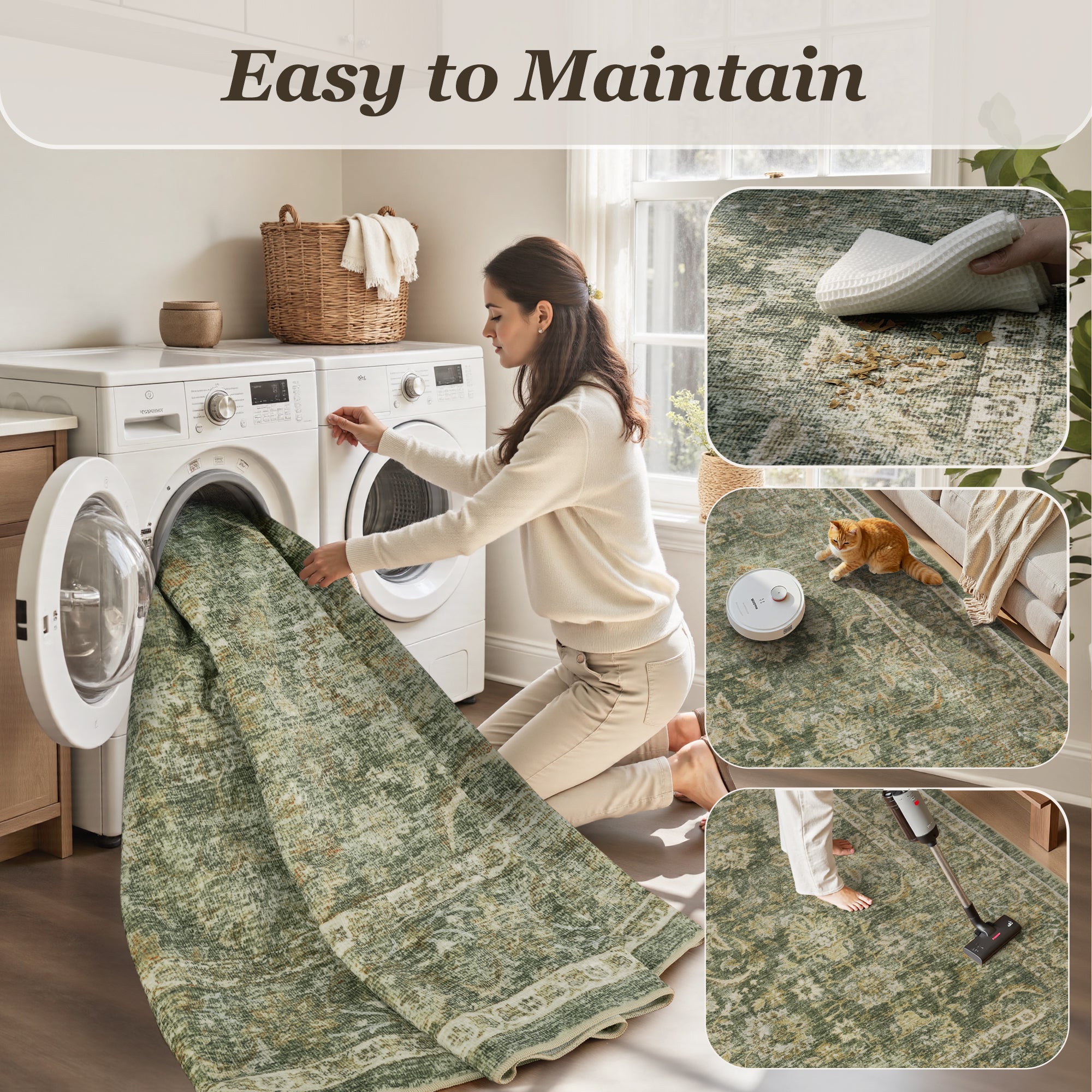 MontVoo Vintage Floral Non-slip Washable Rug Green