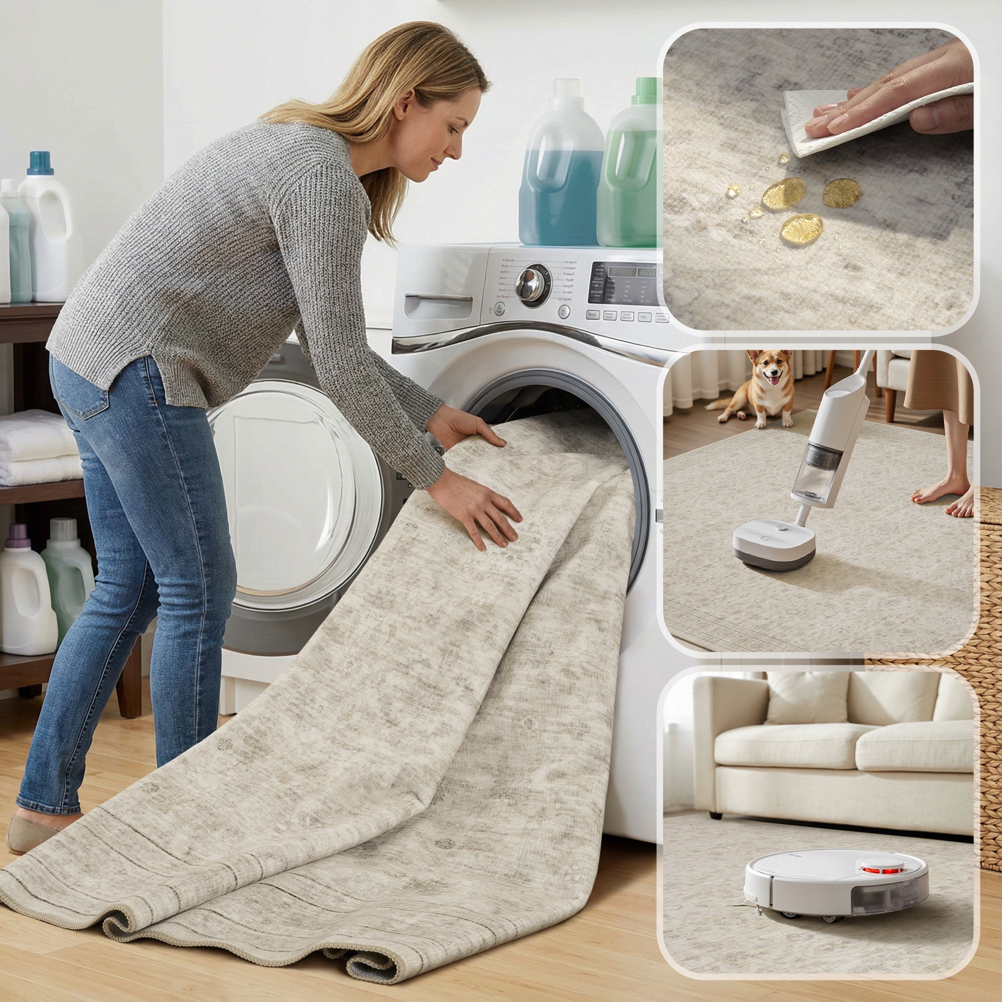 MontVoo Washable Non-Slip Vintage-Inspired Area Rug Beige