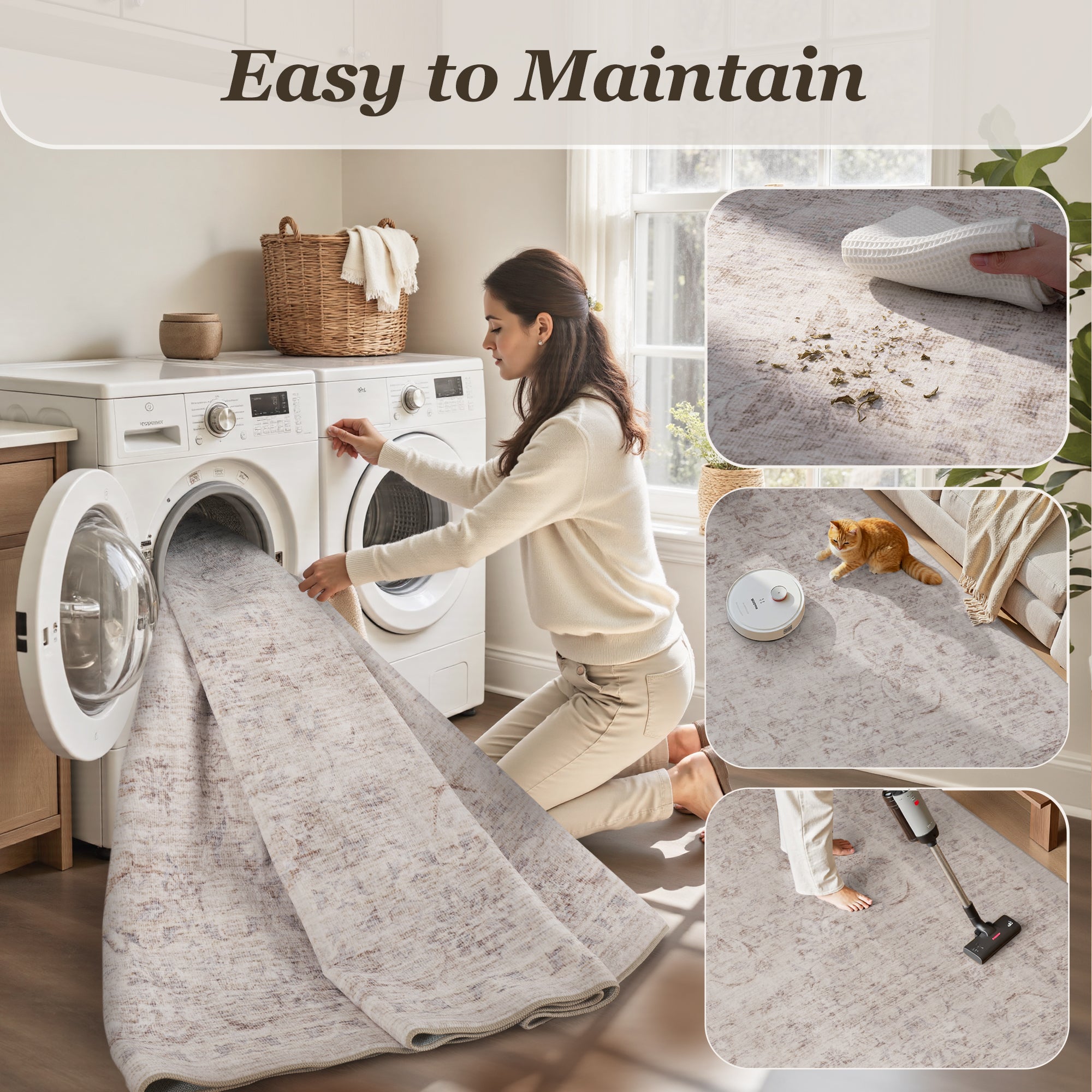 MontVoo Vintage Floral Non-slip Washable Rug Beige