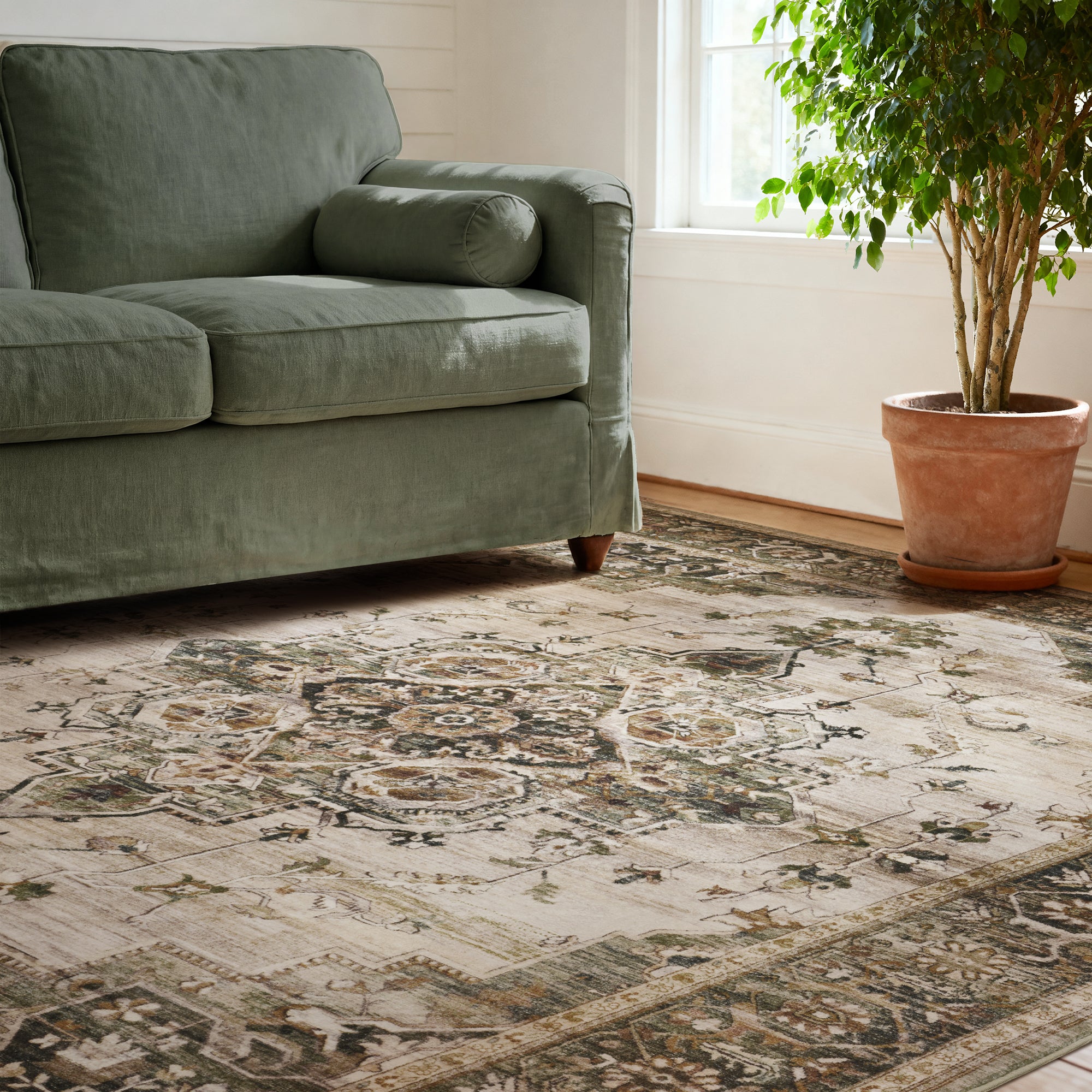 MontVoo Vintage Medallion Non-Slip Washable Rug Green