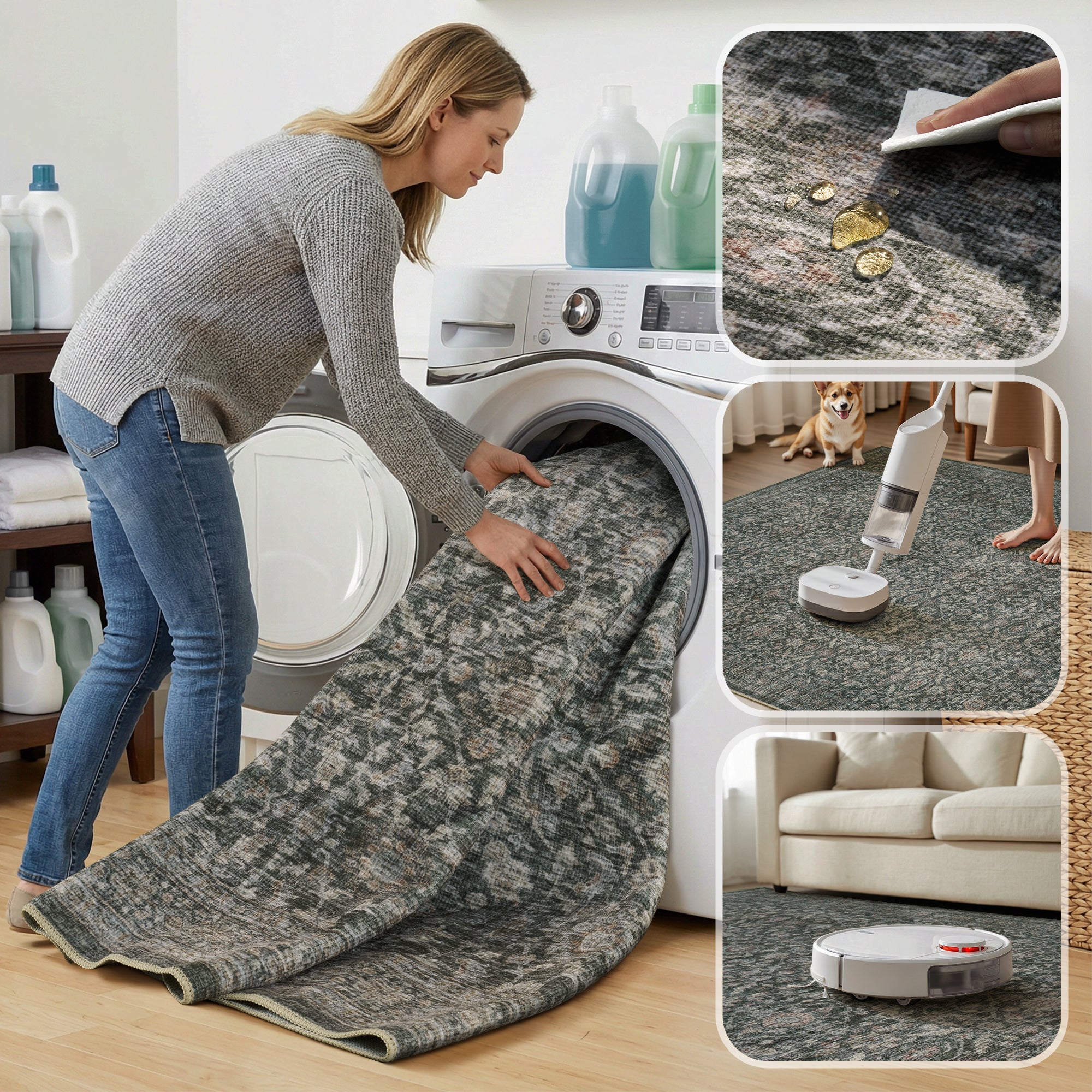 MontVoo Washable Non-Slip Vintage-Inspired Area Rug Green