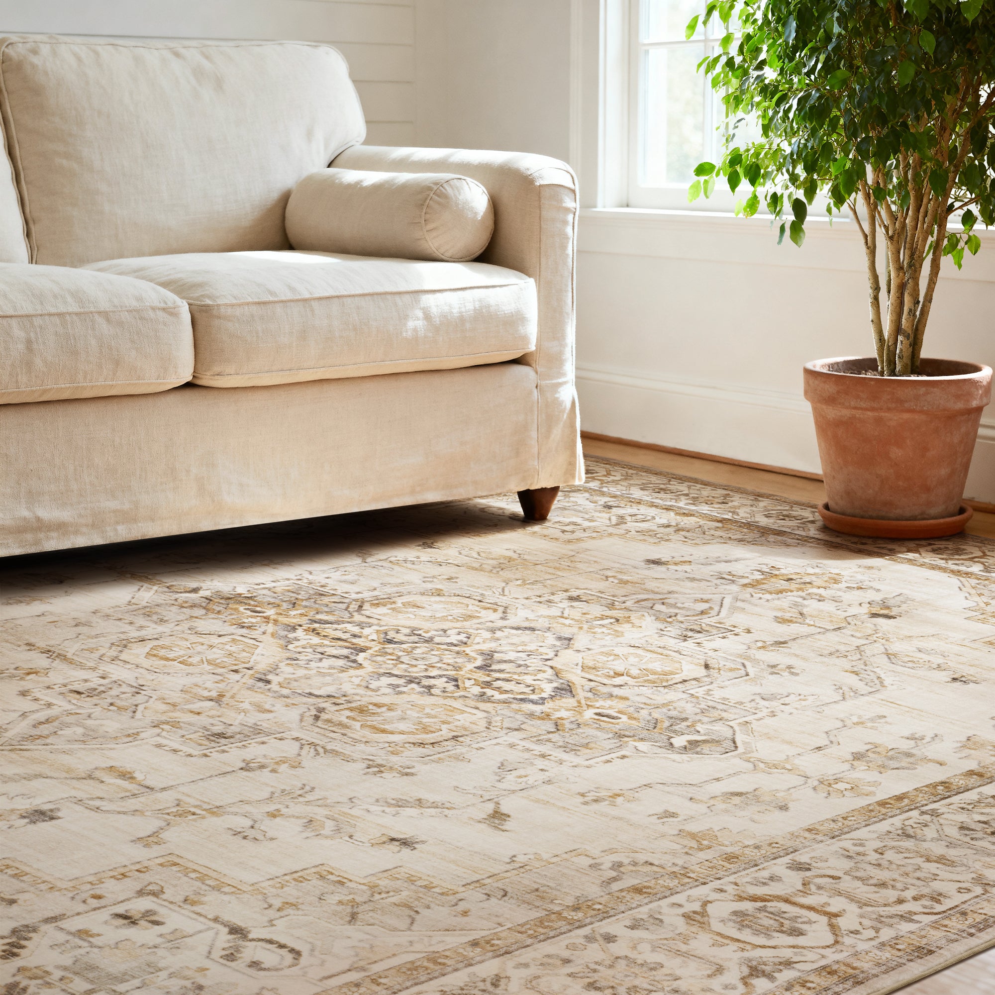 MontVoo Vintage Medallion Non-Slip Washable Rug Beige