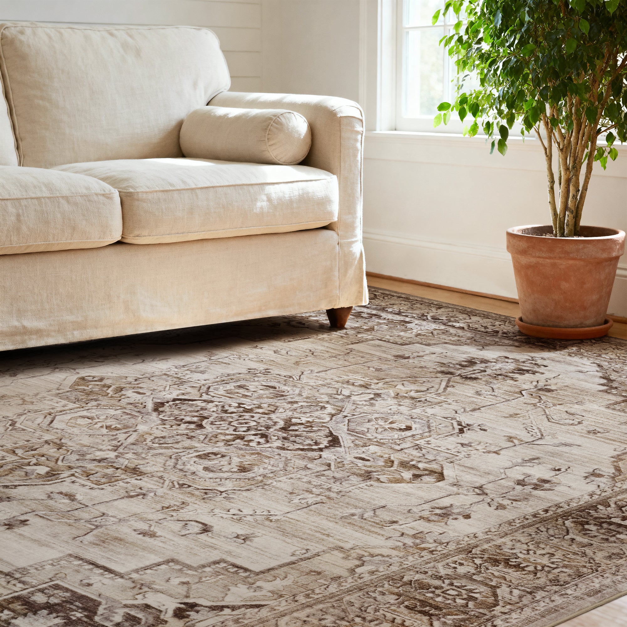 MontVoo Vintage Medallion Non-Slip Washable Rug Brown