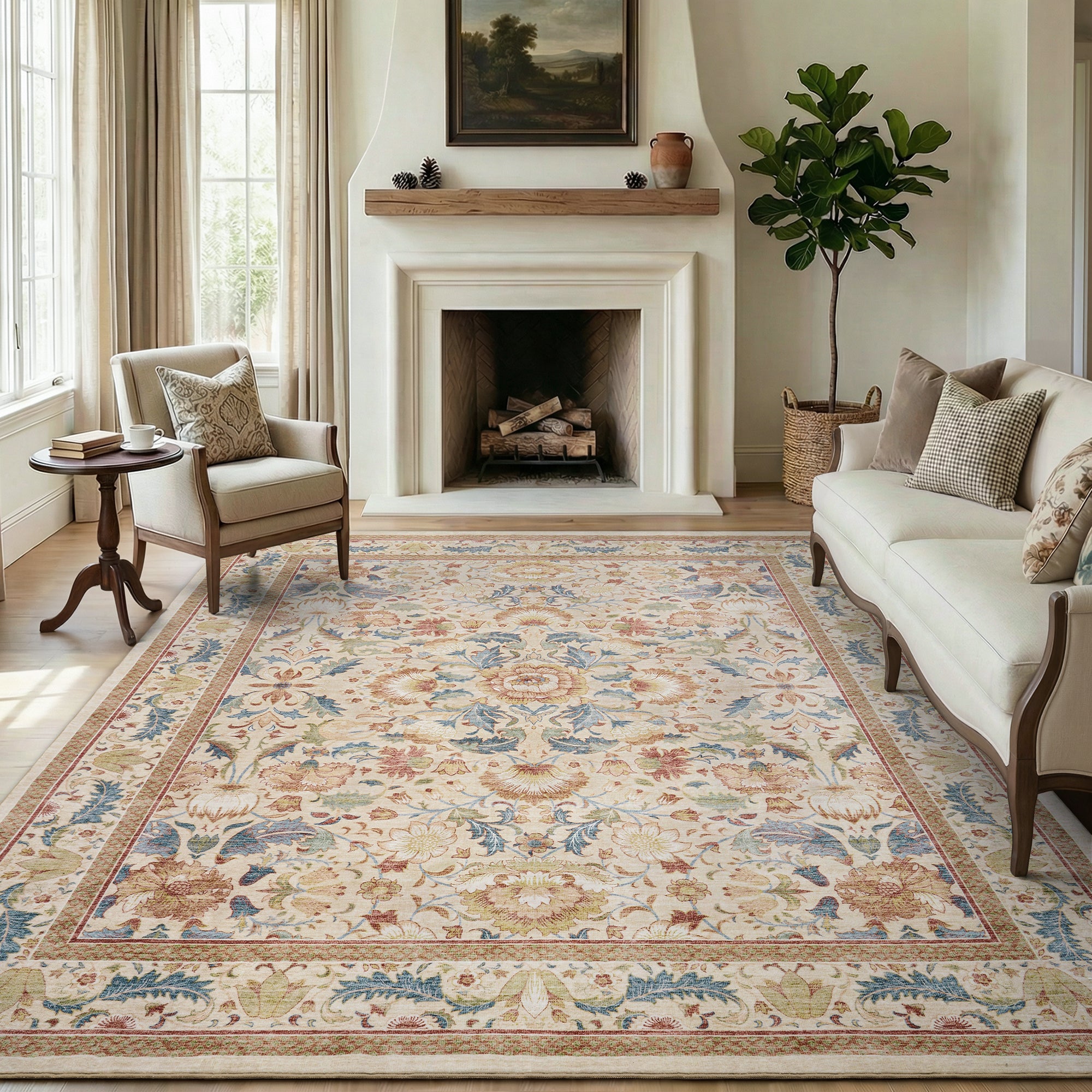 MontVoo Vintage Floral Washable Rug Orange