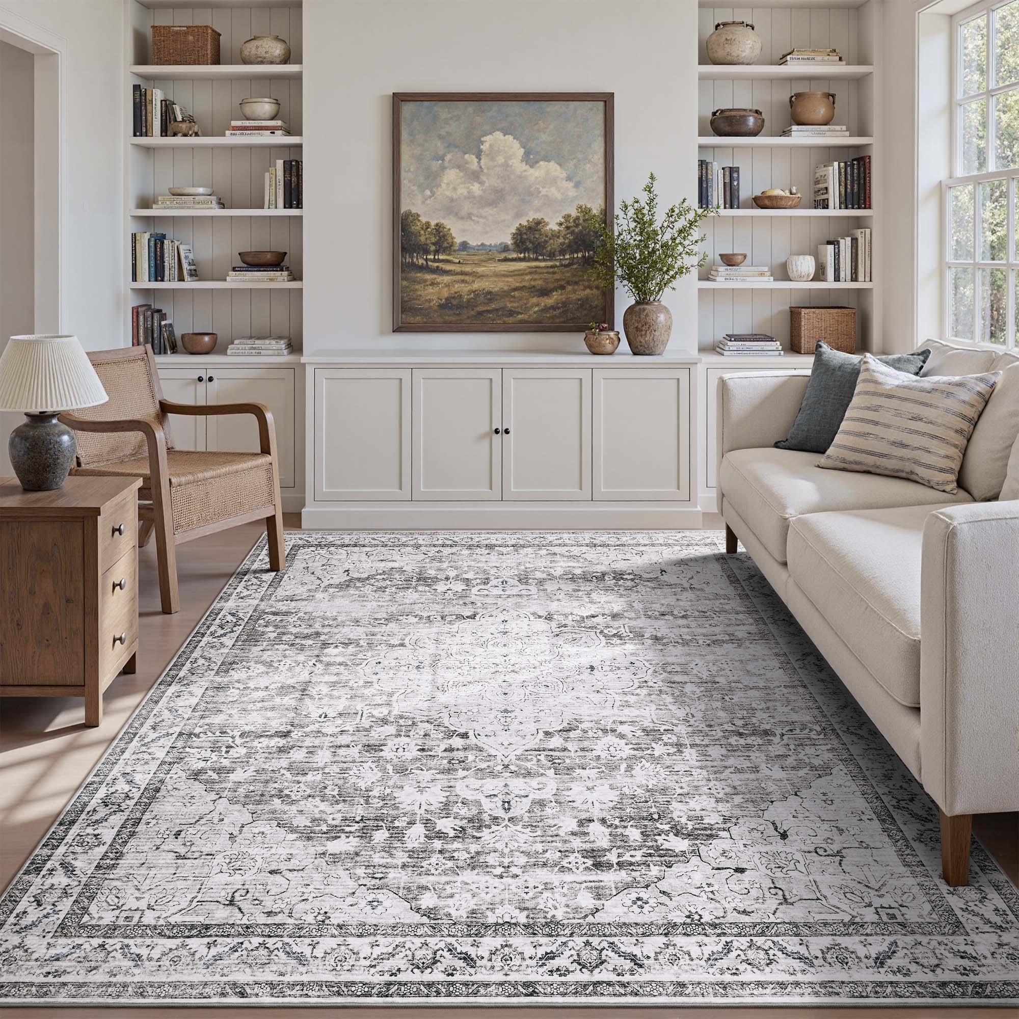 MontVoo Gray Medallion Floral Washable Rug