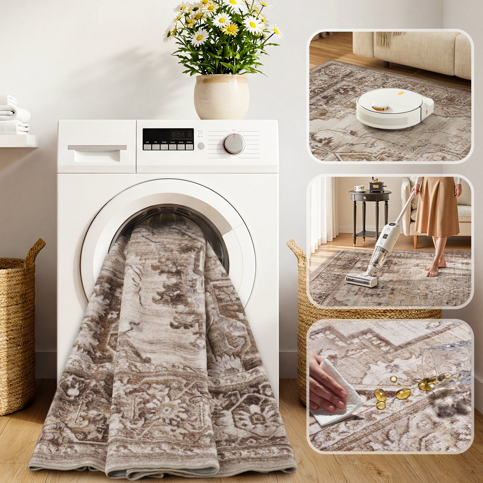 MontVoo Vintage Medallion Non-Slip Washable Rug Brown