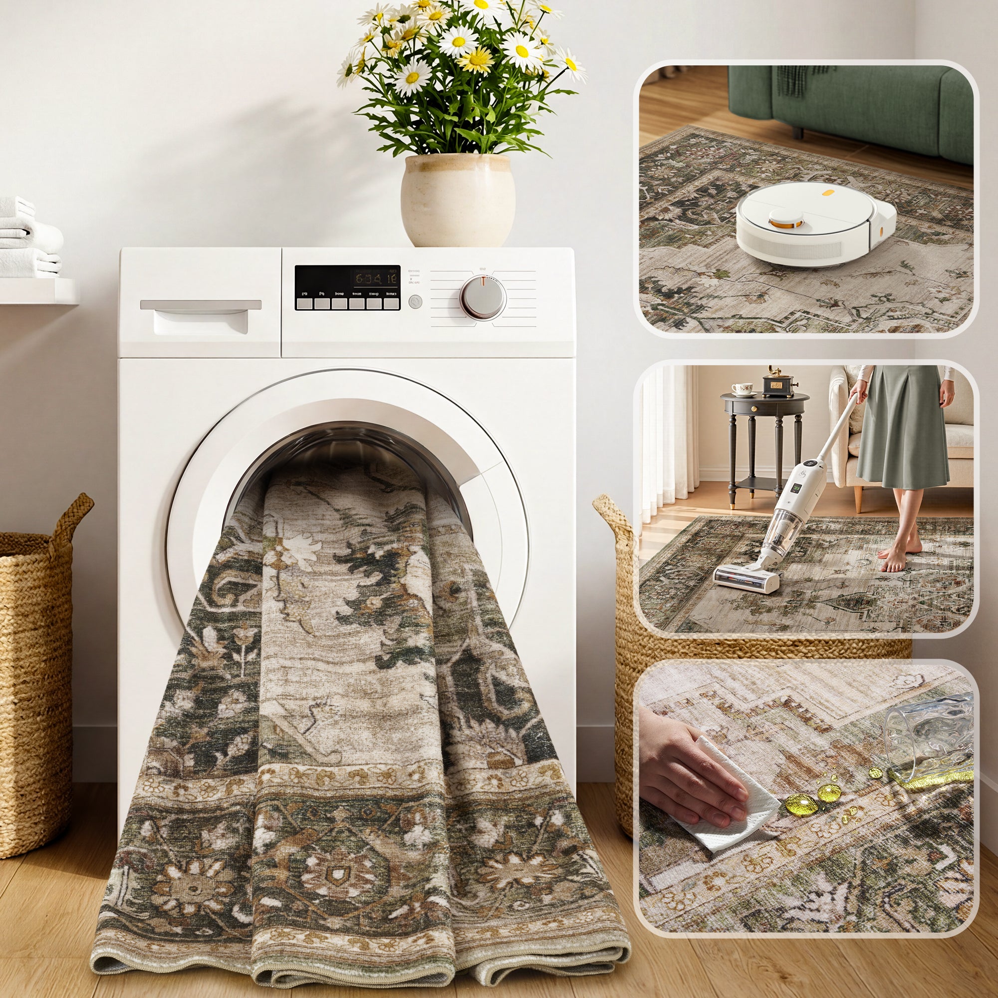 MontVoo Vintage Medallion Non-Slip Washable Rug Green