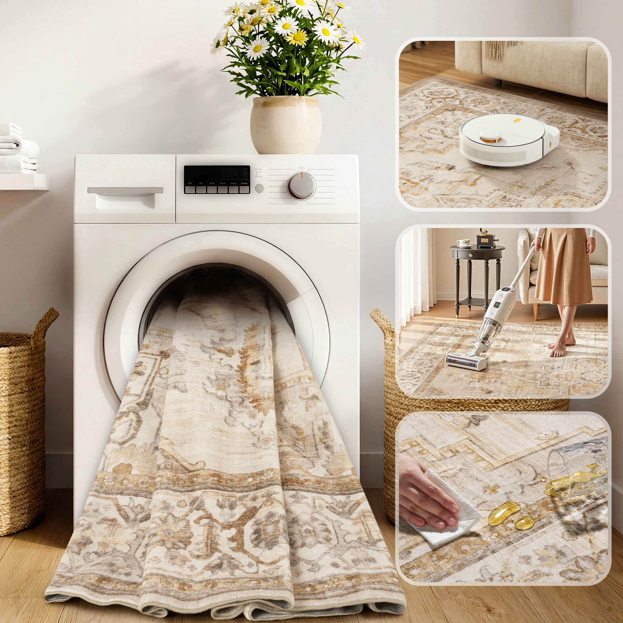 MontVoo Vintage Medallion Non-Slip Washable Rug Beige