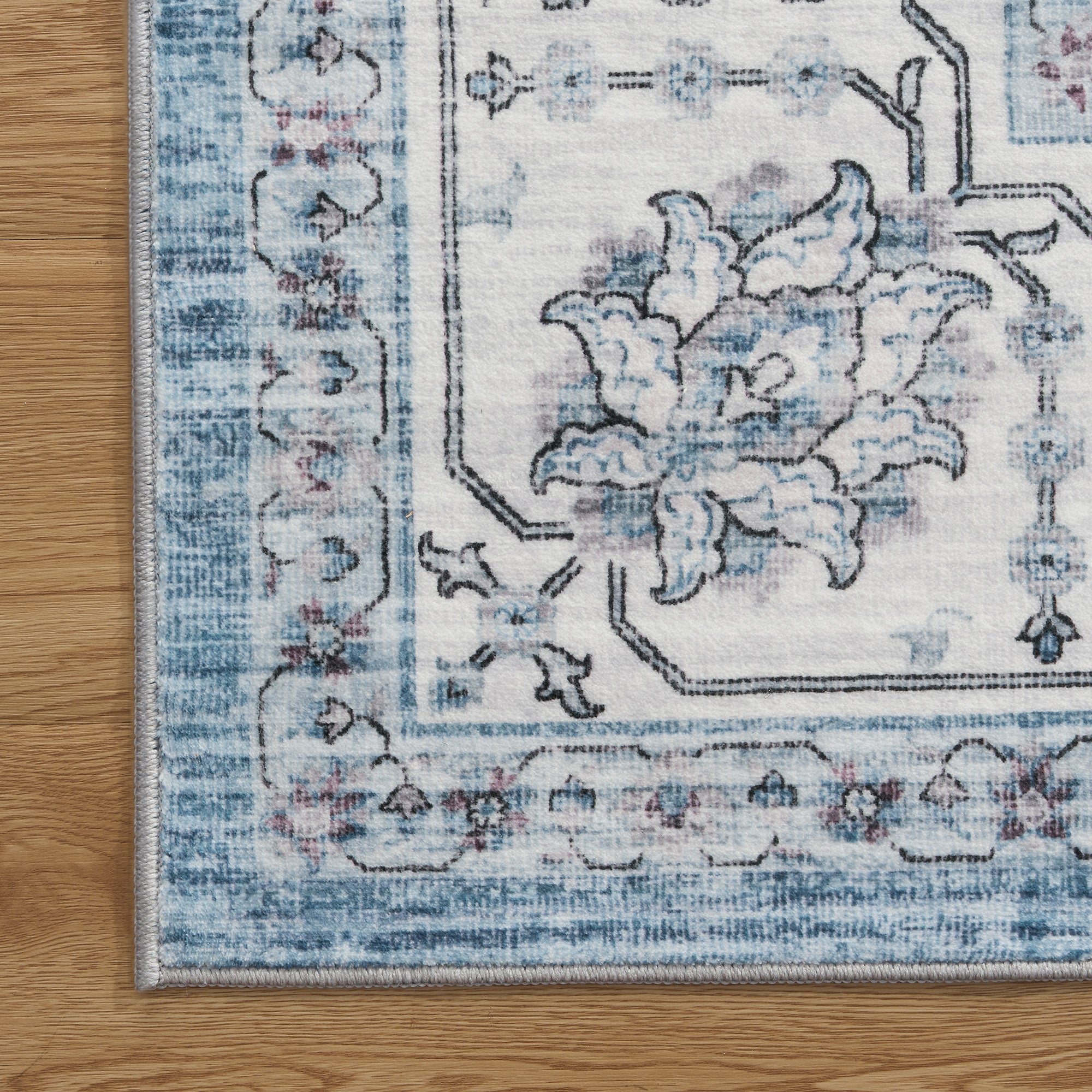MontVoo Blue Vintage Distressed Medallion Floral Washable Rug