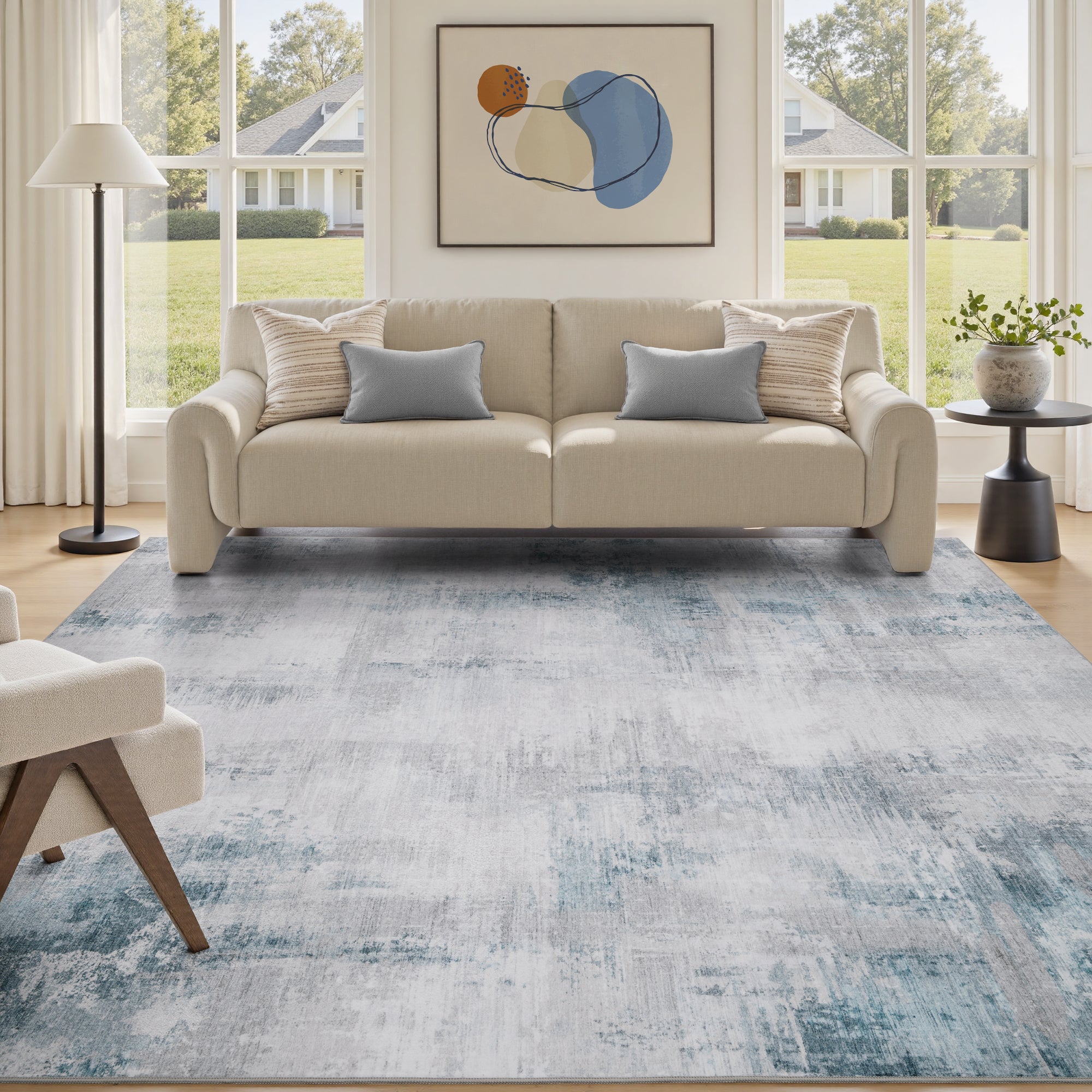 MontVoo Soft Abstract Washable Gray-Teal Area Rug