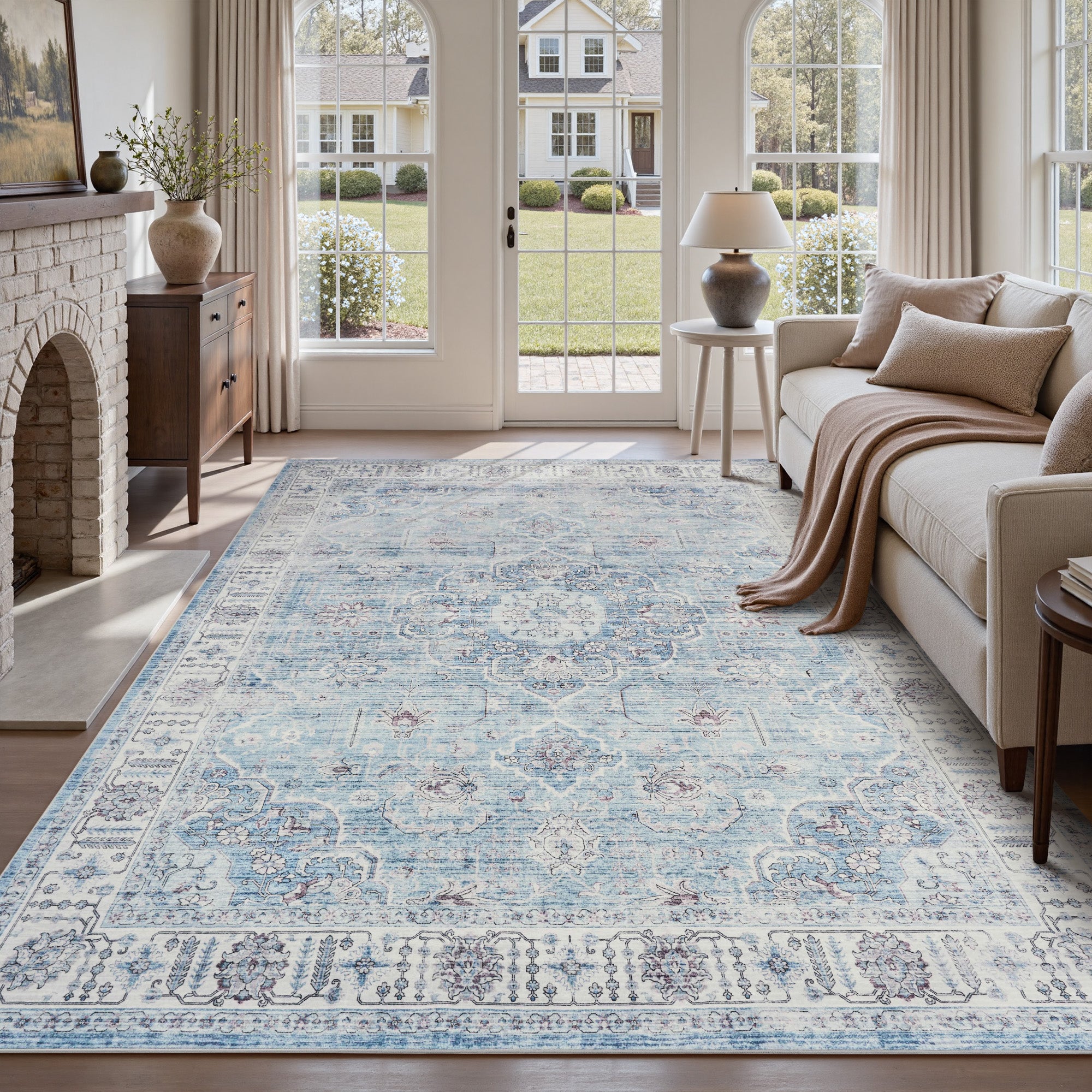 MontVoo Blue Vintage Distressed Medallion Floral Washable Rug