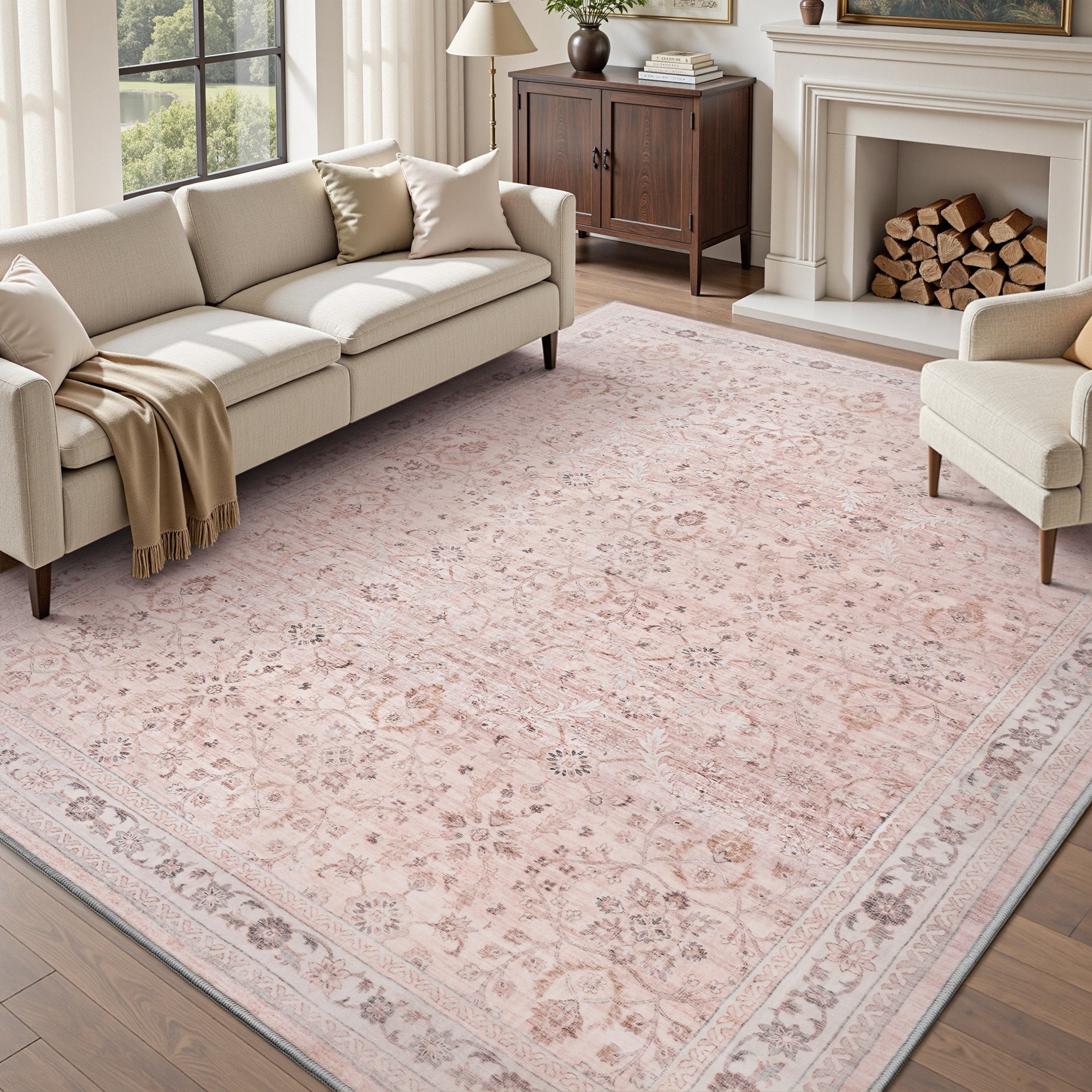 MontVoo Vintage Floral Washable Rugs Pink