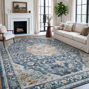 MontVoo Vintage Floral Medallion Washable Rug Blue