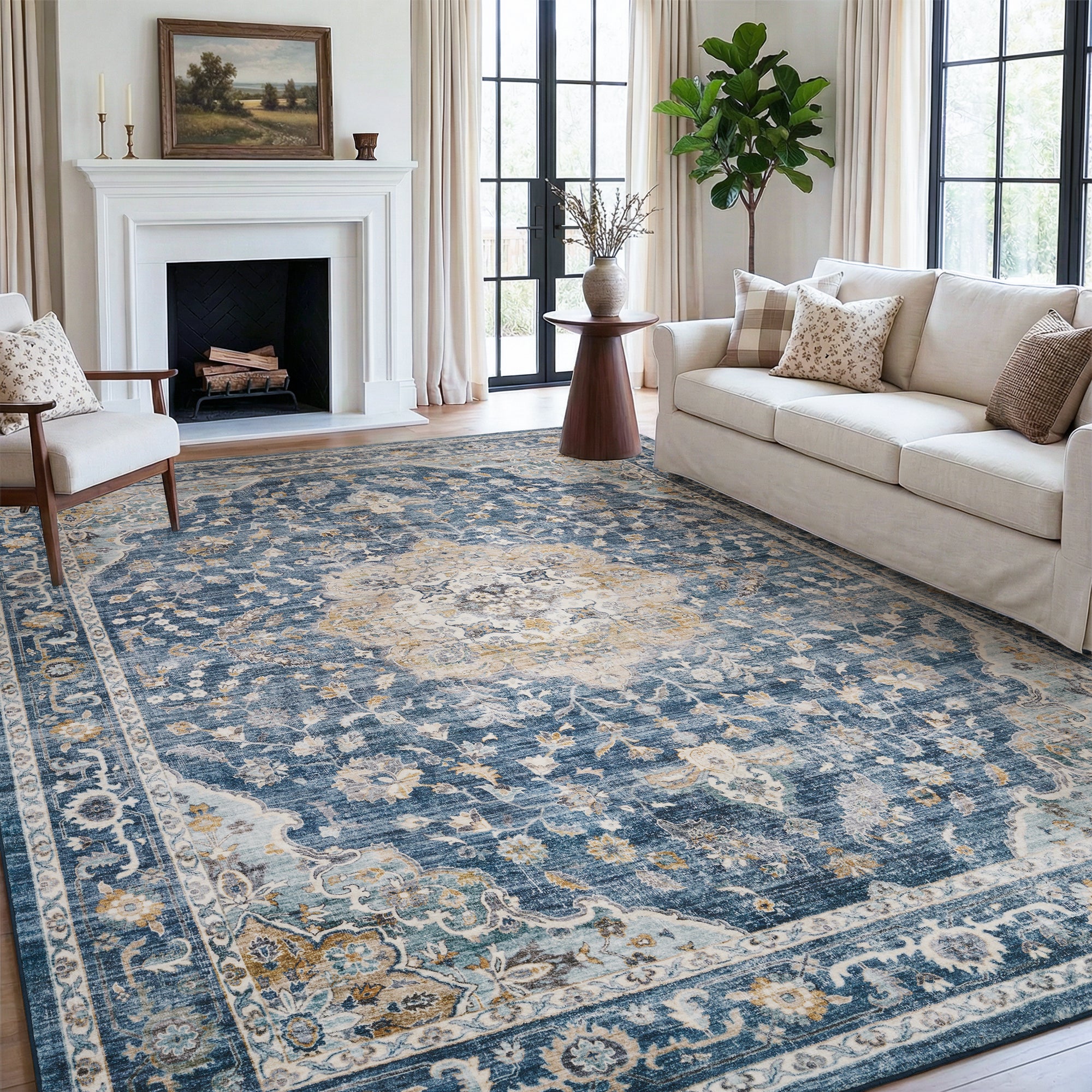 MontVoo Vintage Floral Medallion Washable Rug Blue