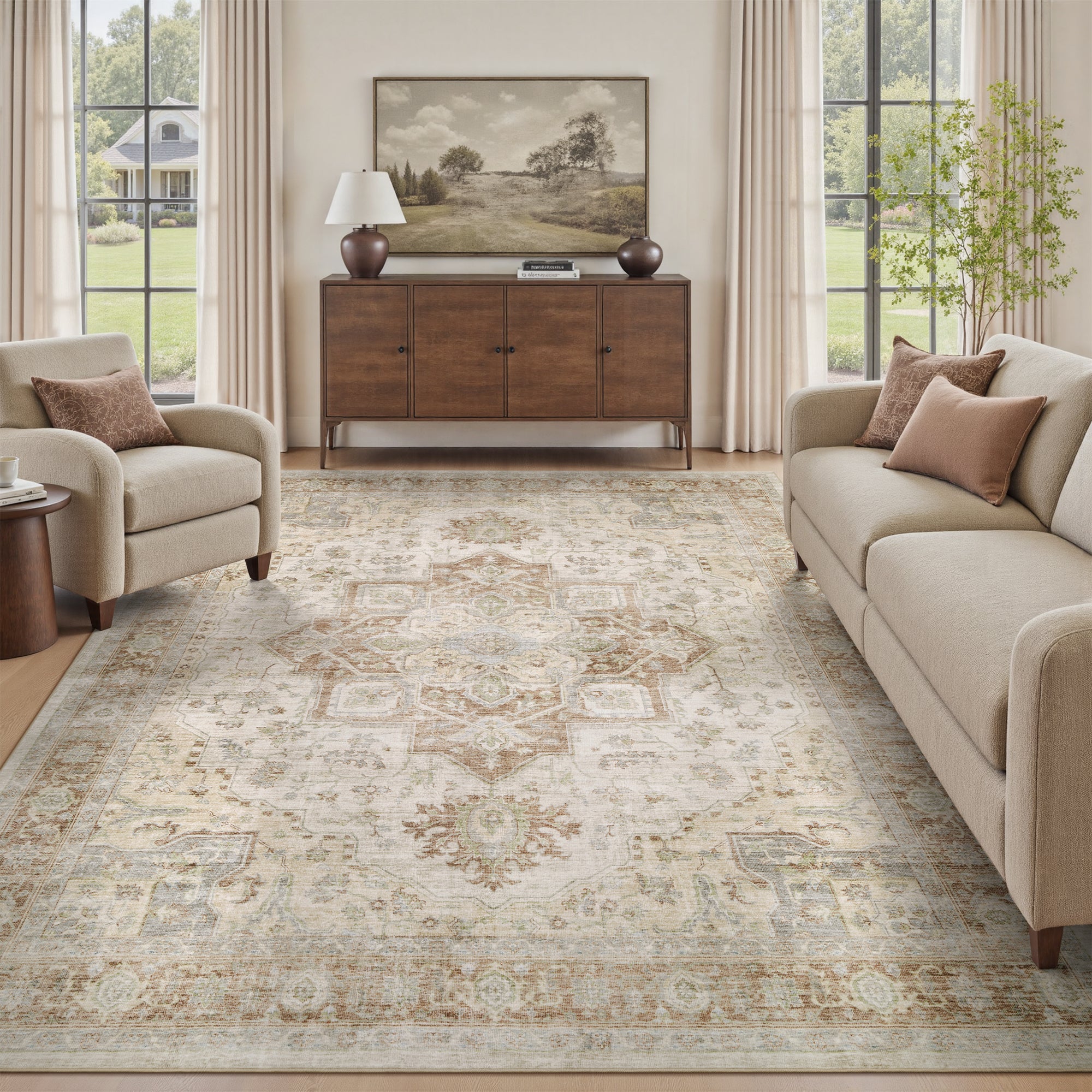 Alfombra floral oriental lavable a máquina MontVoo marrón