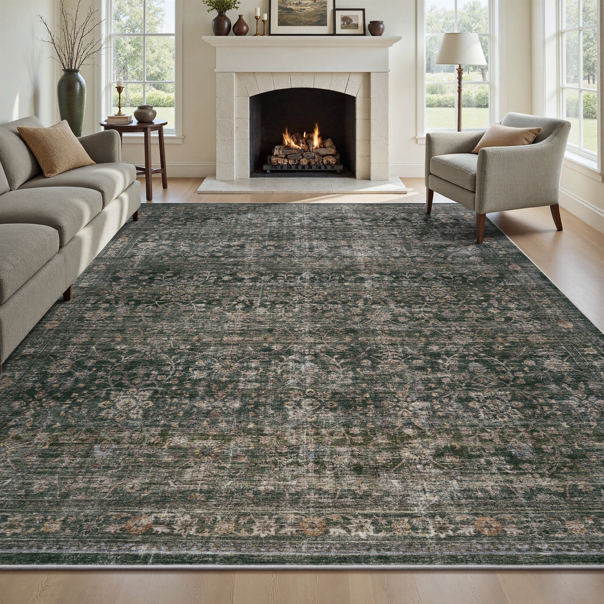 MontVoo Vintage Floral Washable Rugs Green