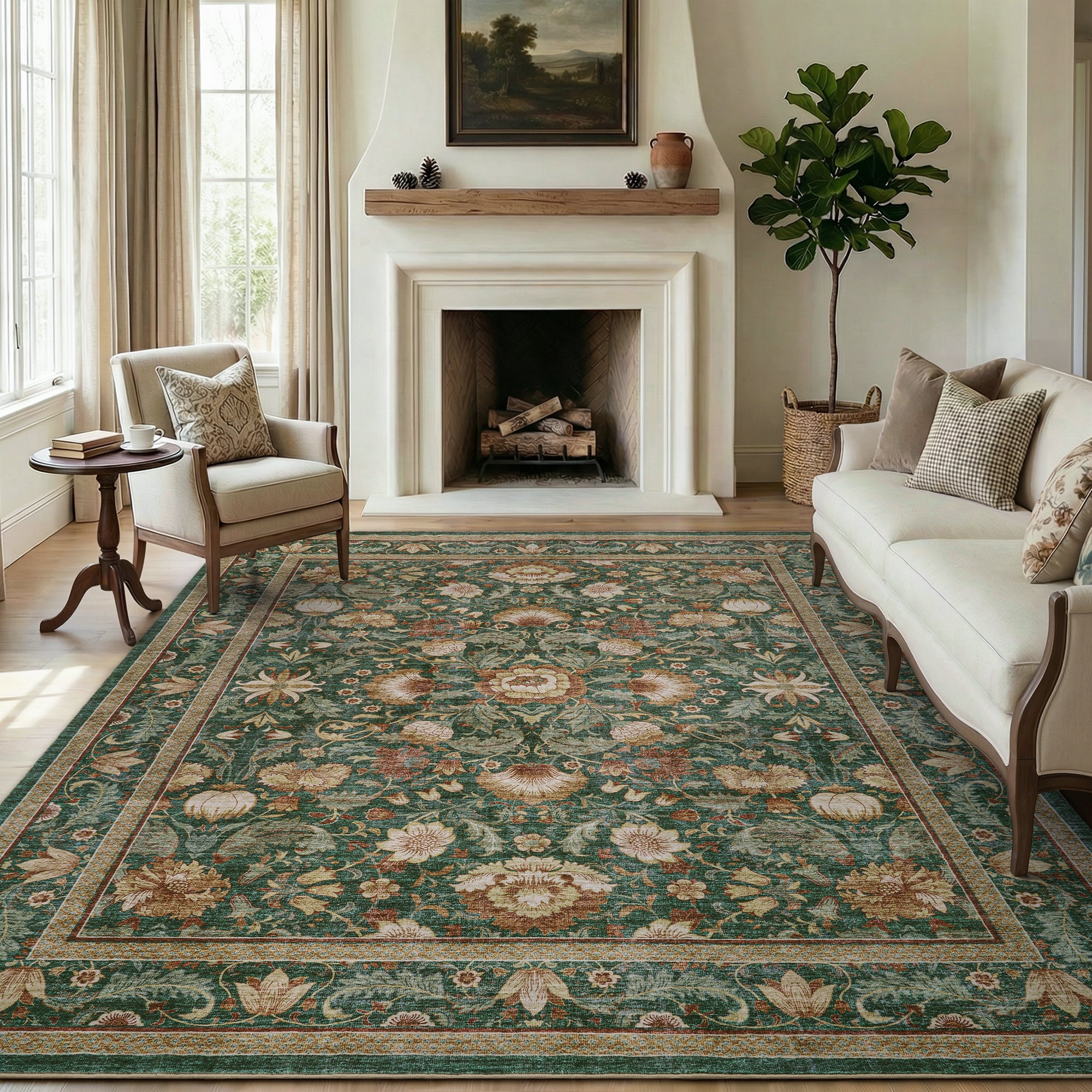 MontVoo Vintage Floral Washable Rug Green