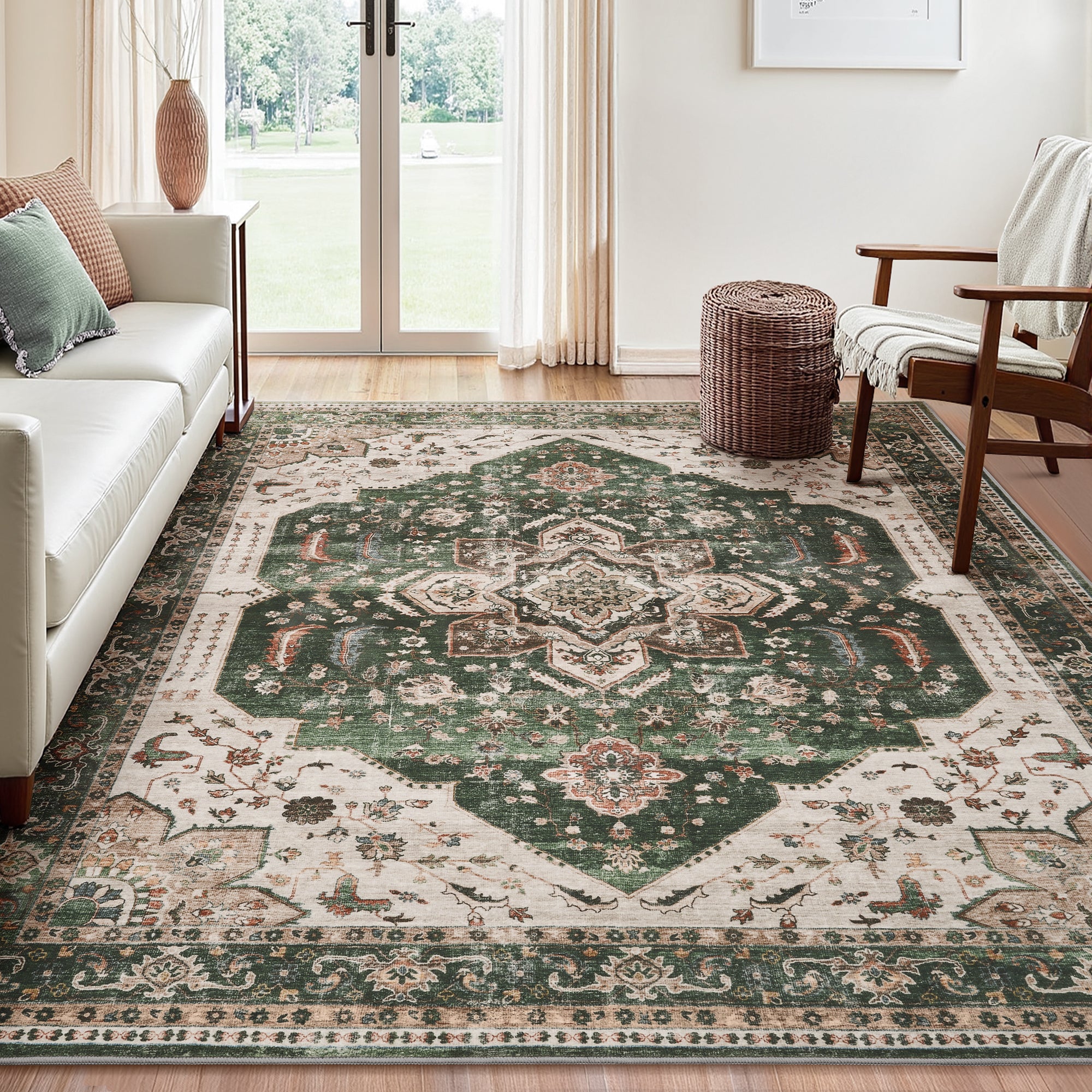 MontVoo Green Oriental Washable Area Rug