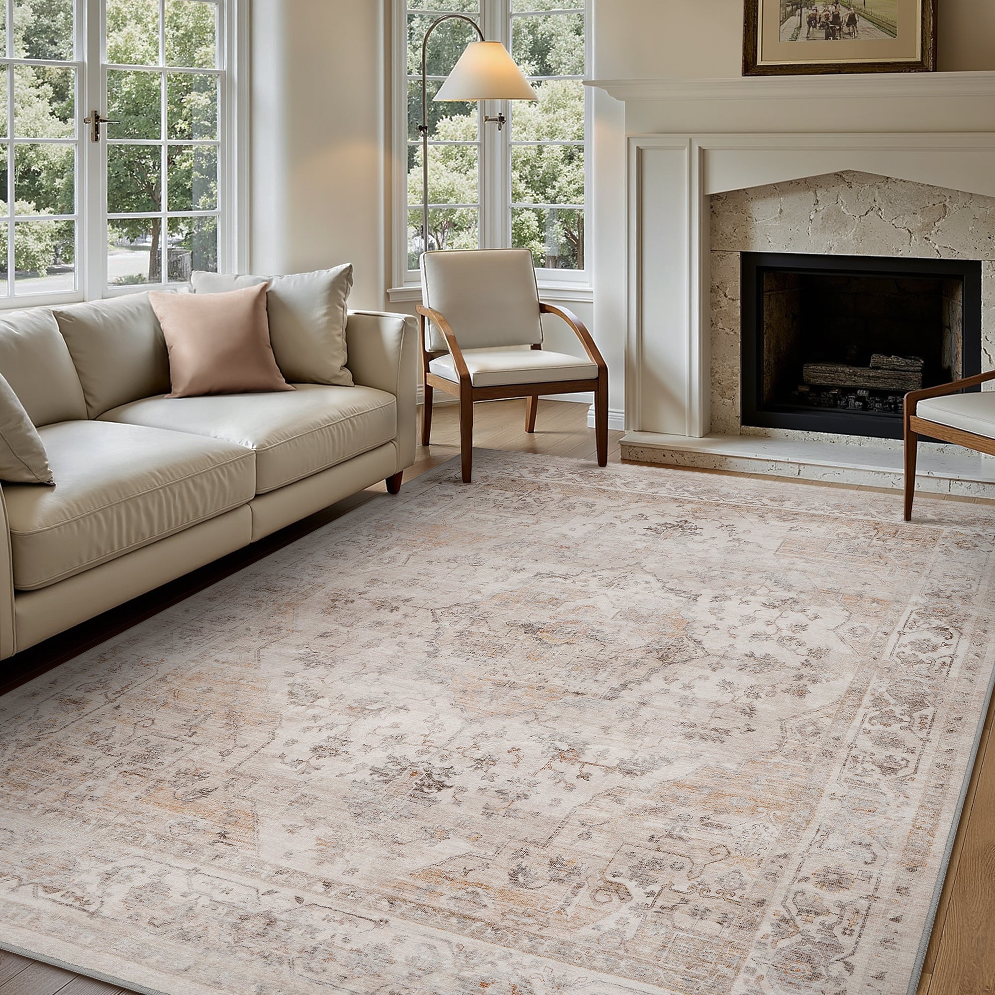 MontVoo Beige Oriental Washable Rug