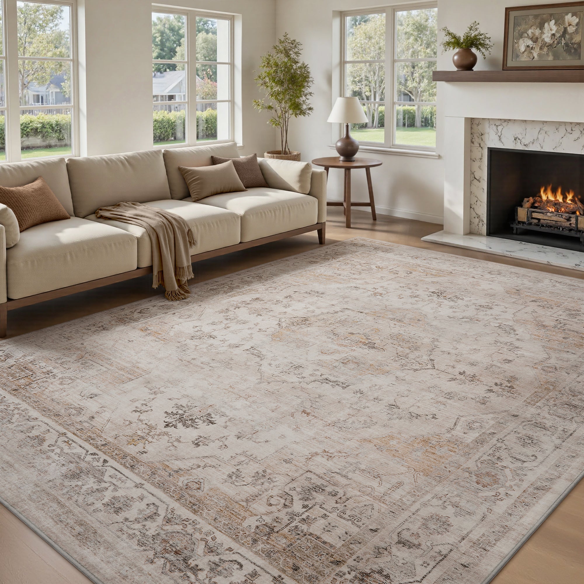 MontVoo Beige Oriental Washable Rug