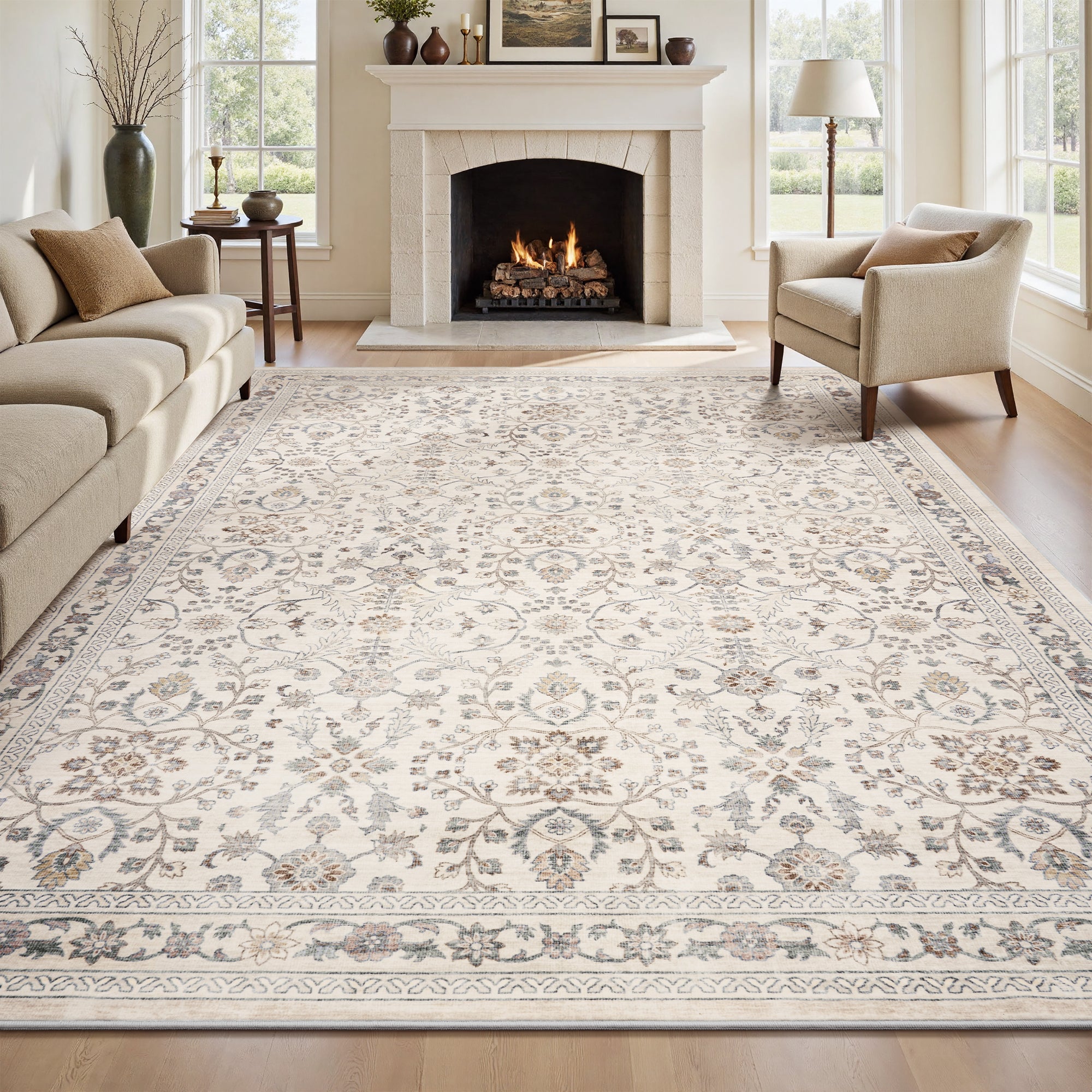 MontVoo Vintage Floral Washable Rugs Beige