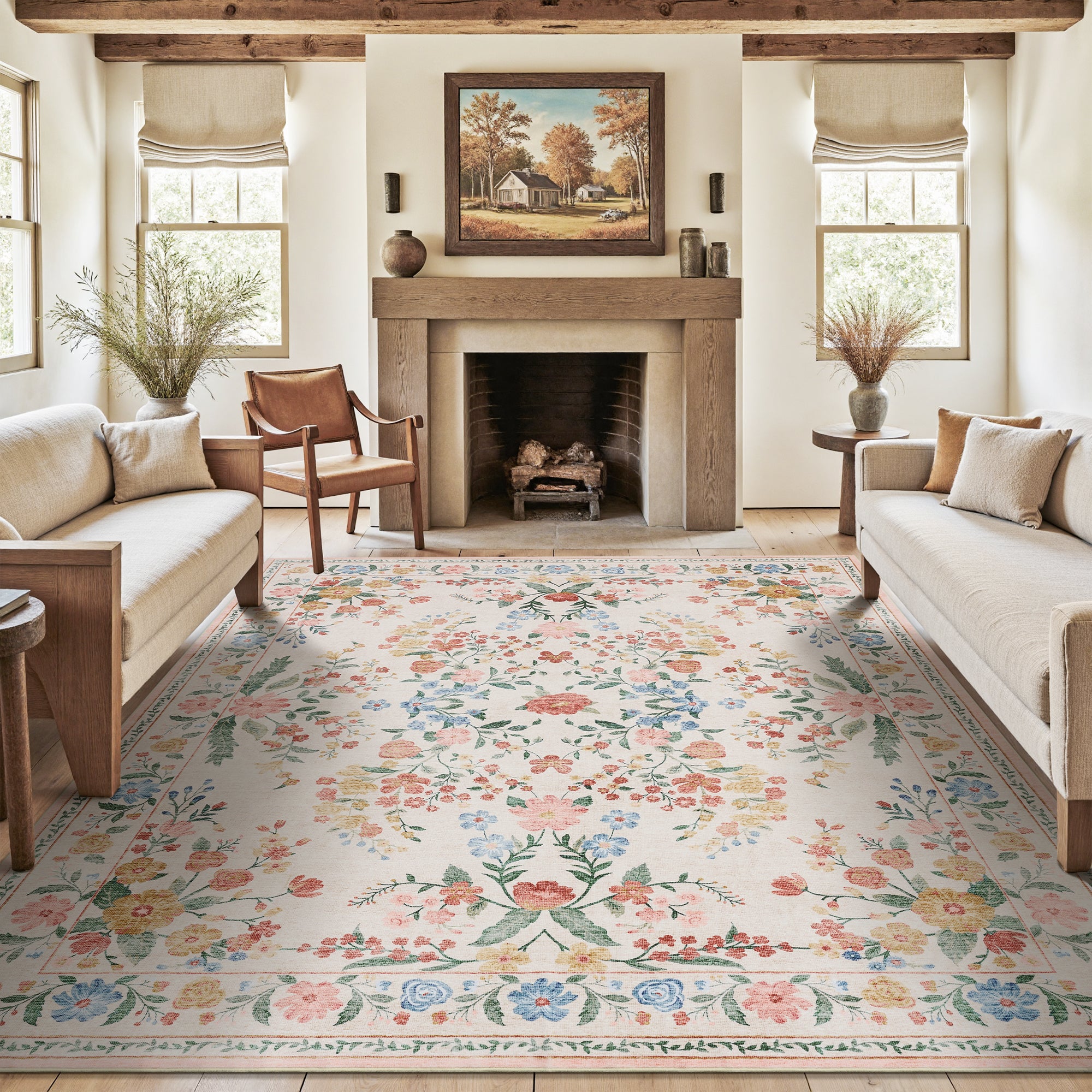 MontVoo Vintage Floral Soft Washable Rug Beige