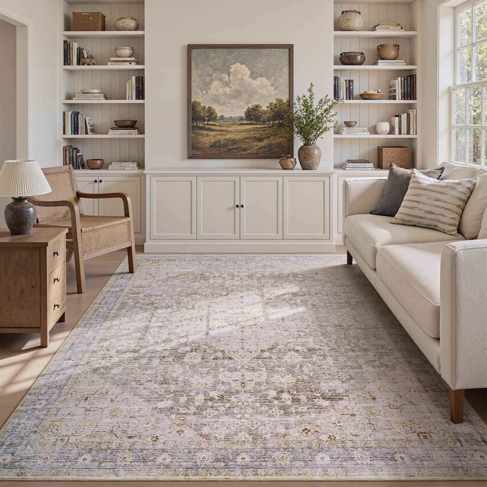 MontVoo Taupe Medallion Floral Washable Rug