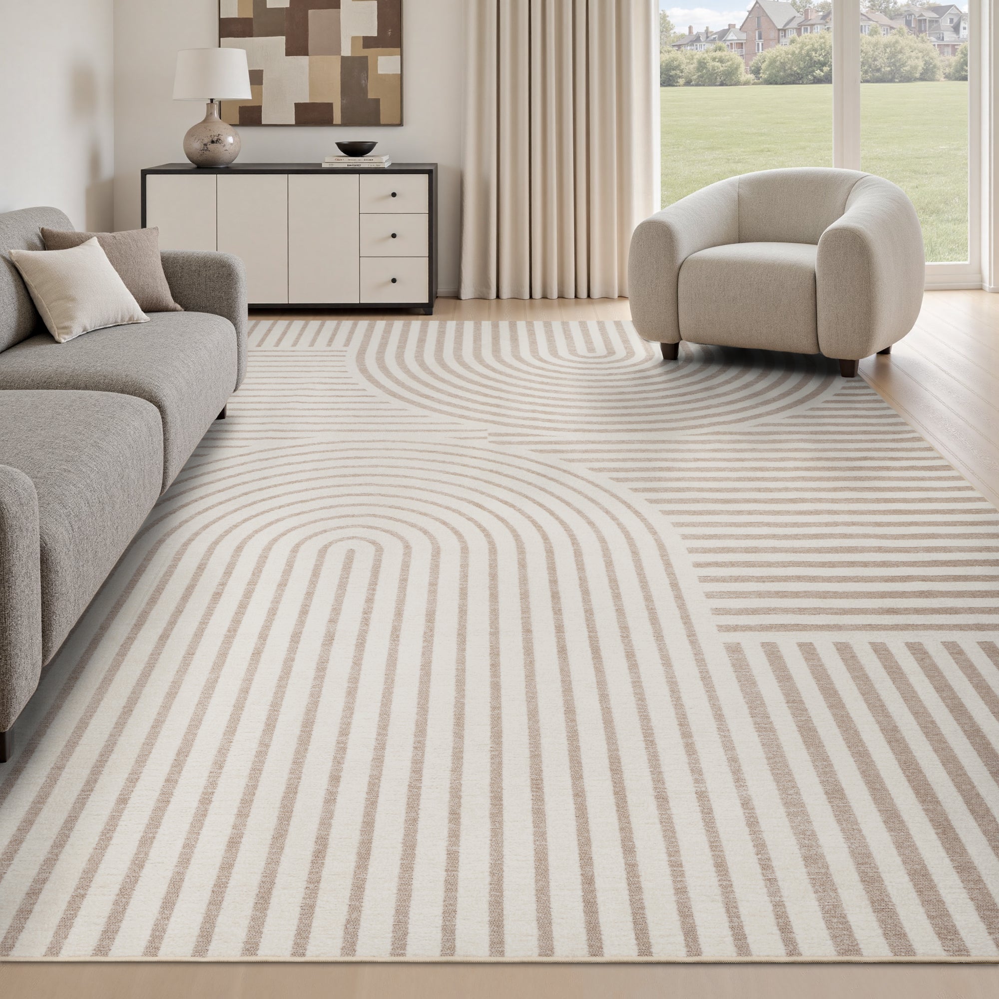 MontVoo Modern Geometric High-Low Beige Washable Area Rug